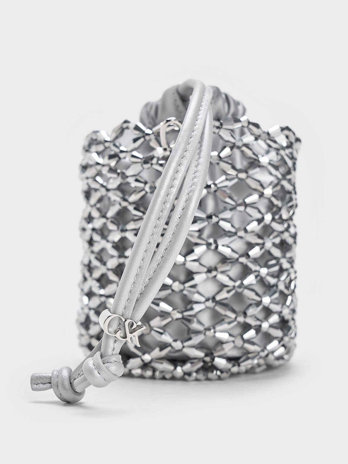 Beaded Chain-Handle Bucket Bag, Silver, hi-res