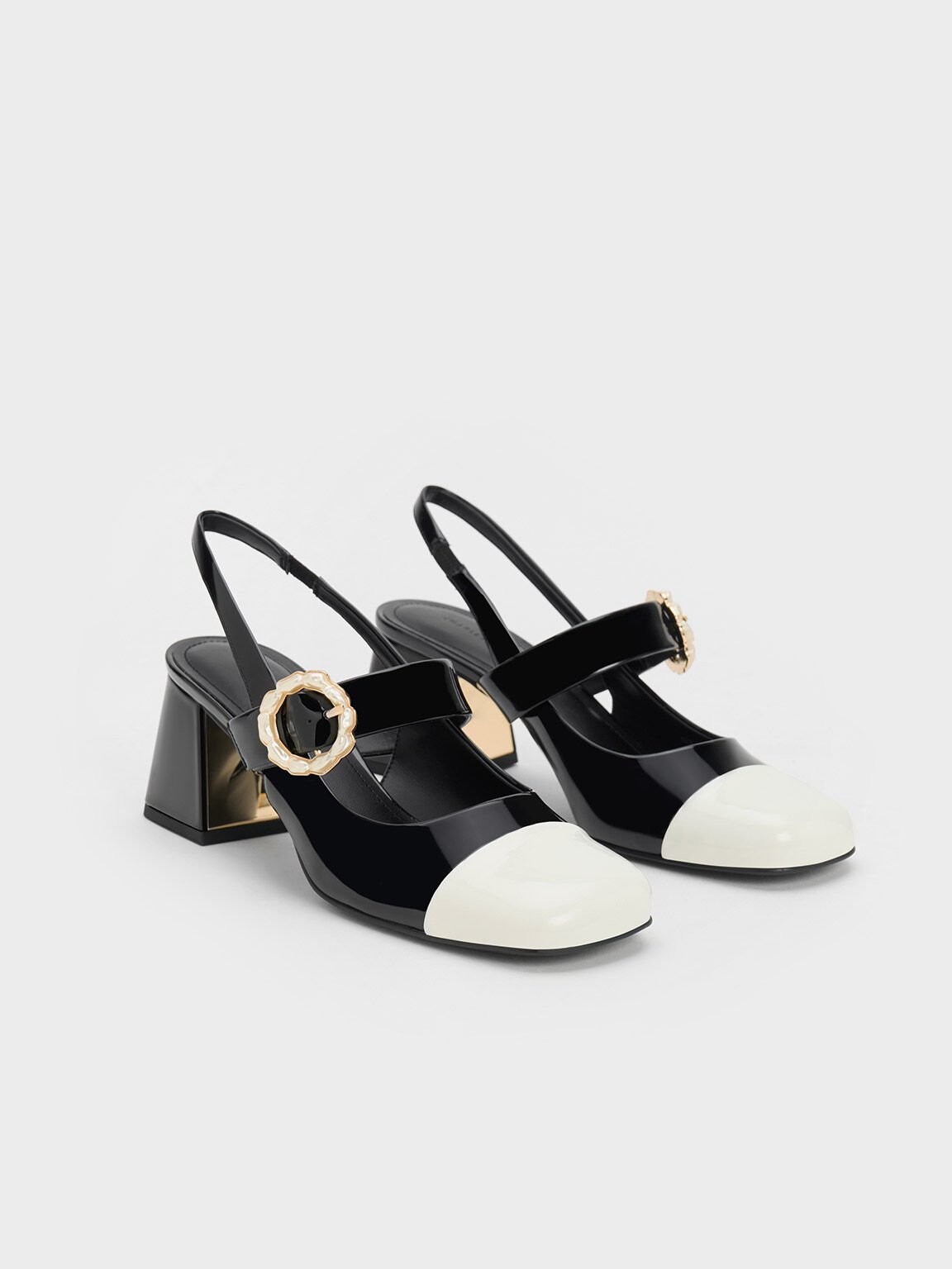 Patent Two-Tone Pearl Buckle Slingback Pumps, Black Patent, hi-res