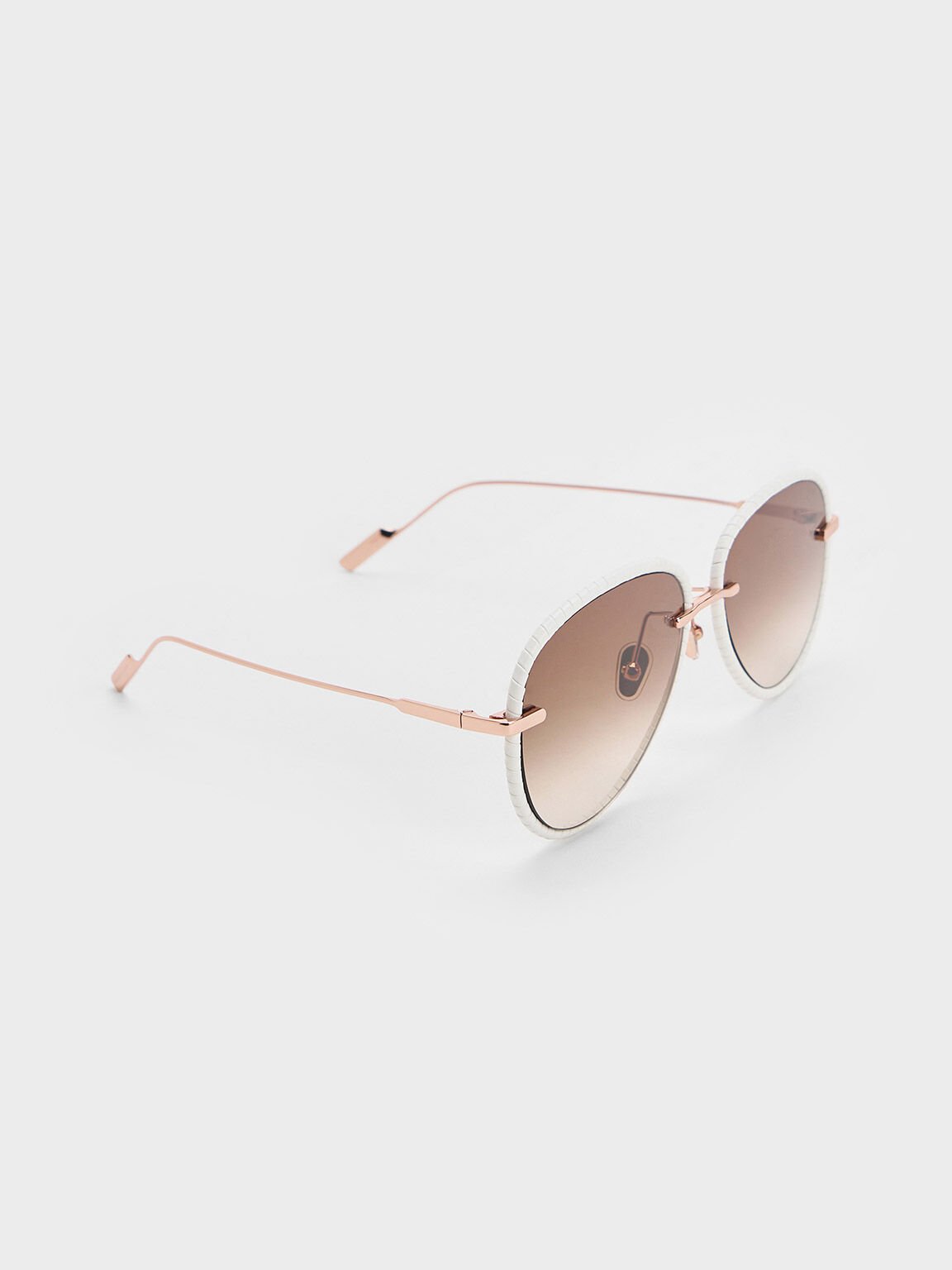 Leather Braided-Rim Aviator Sunglasses, Cream, hi-res