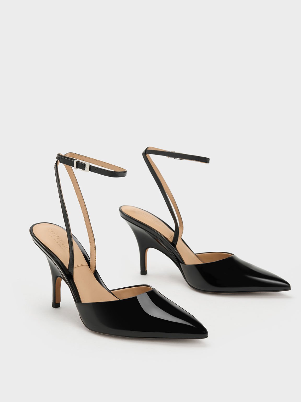 Patent Leather Ankle Strap Pumps, Black, hi-res