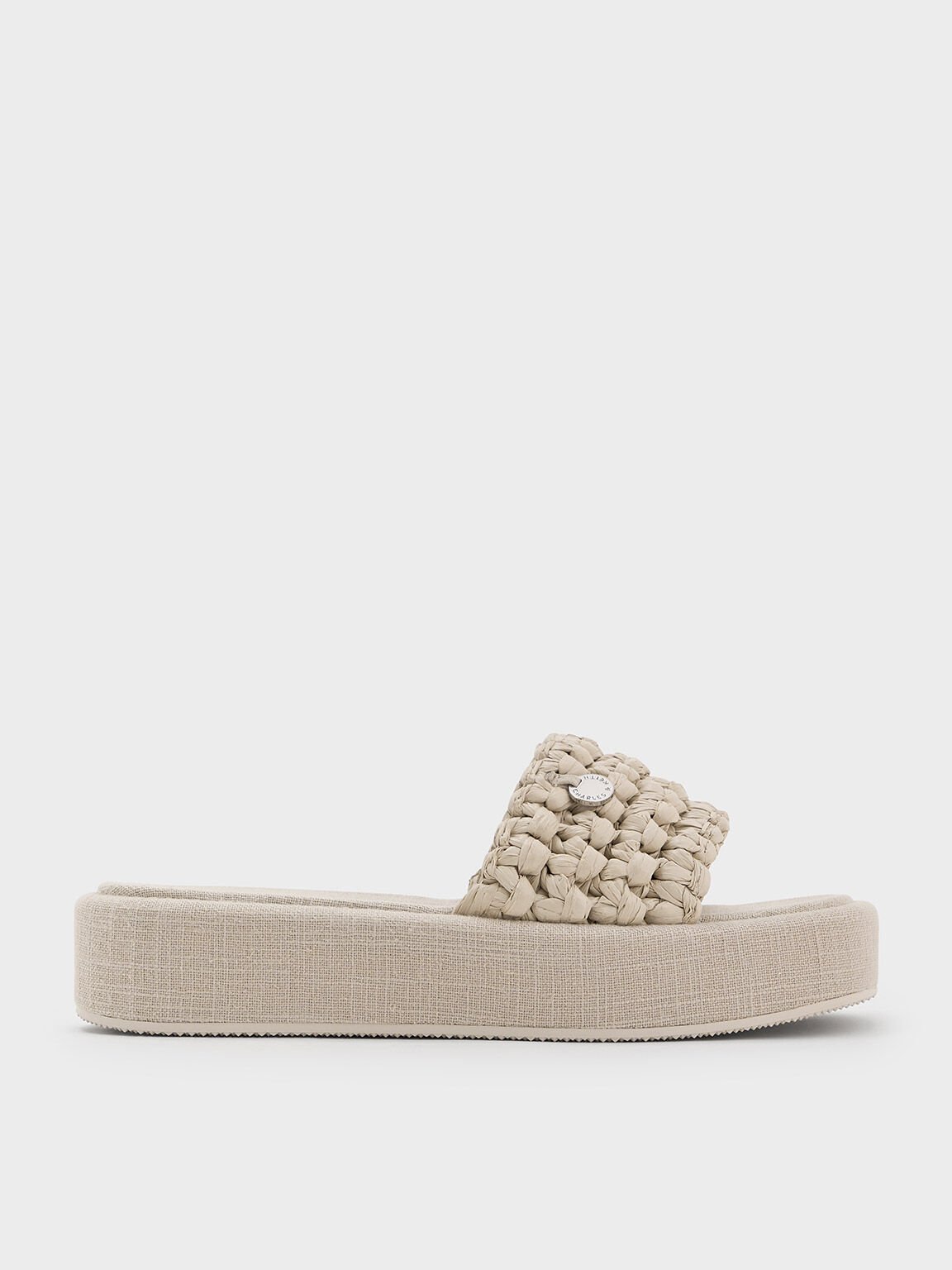 Raffia Woven Flatform Sandals, Beige, hi-res