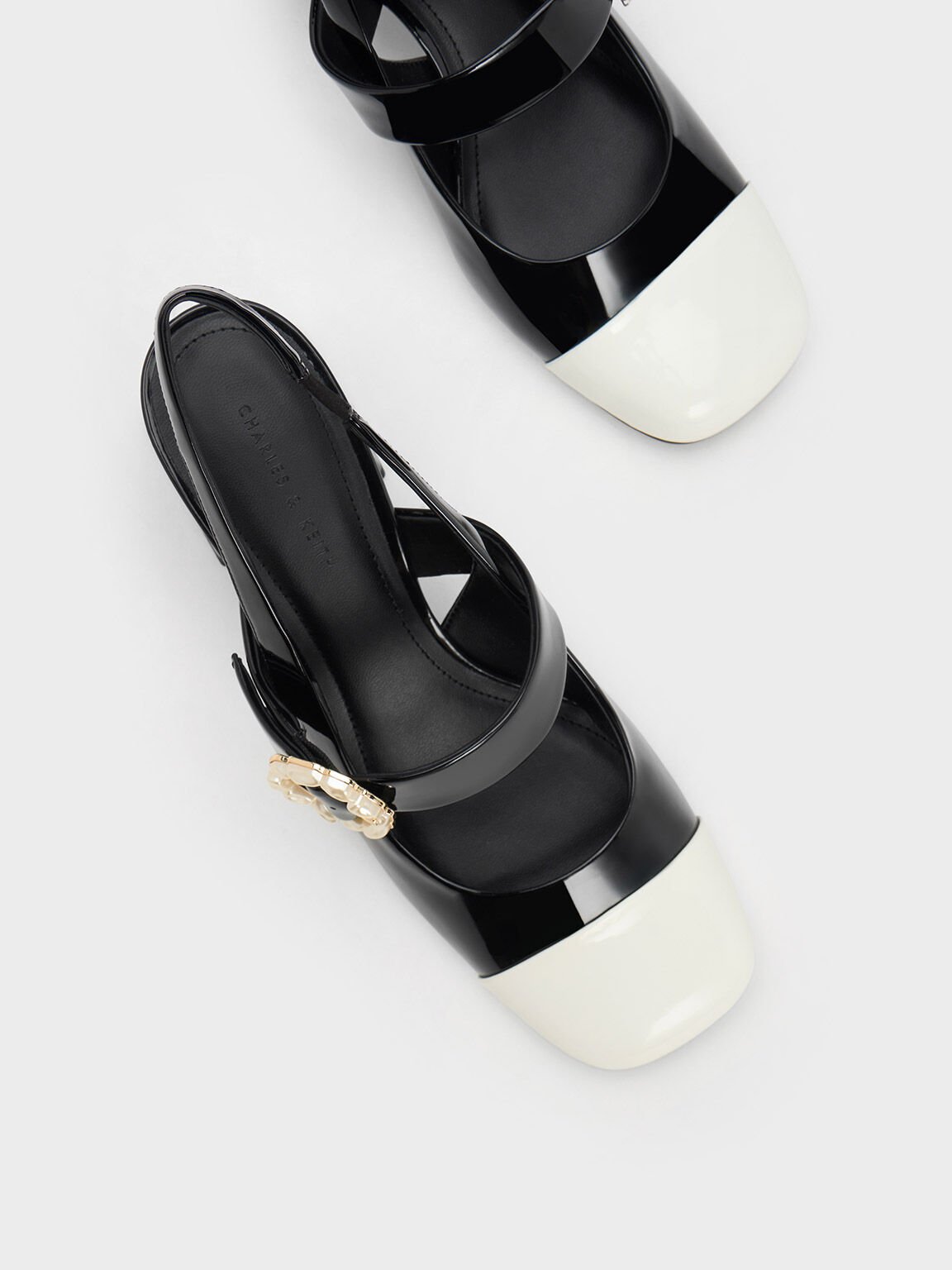 Patent Two-Tone Pearl Buckle Slingback Pumps, Black Patent, hi-res