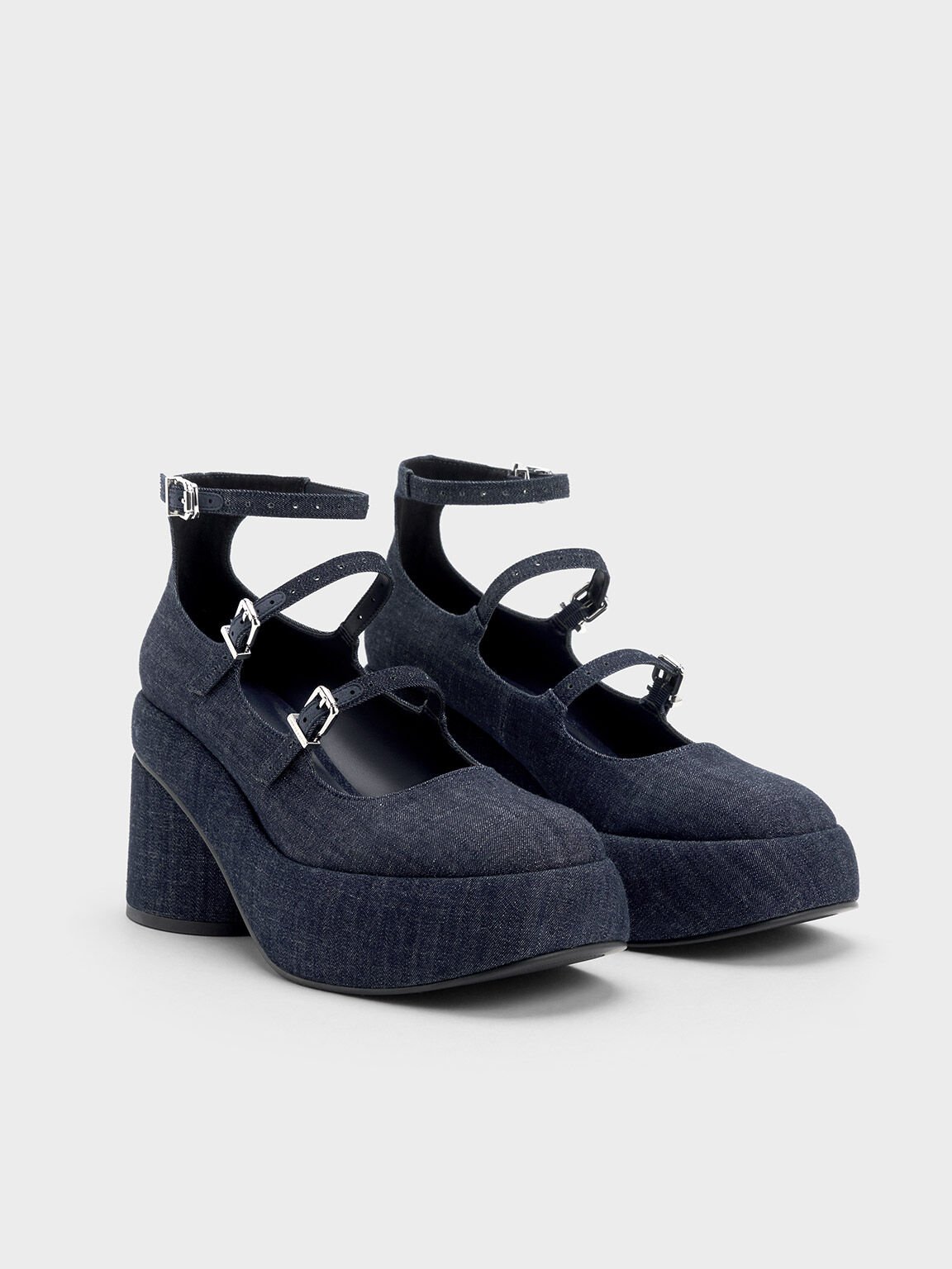 Luella Denim Triple-Strap Mary Jane Platform Pumps, Dark Blue, hi-res