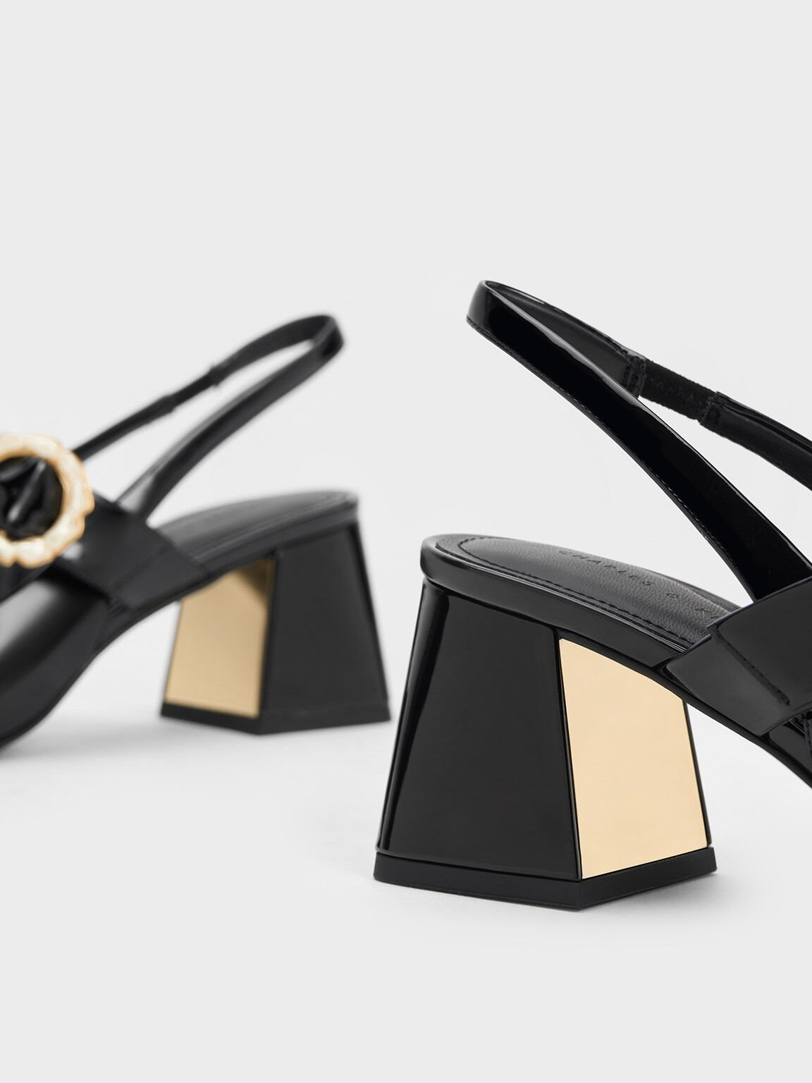 Patent Two-Tone Pearl Buckle Slingback Pumps, Black Patent, hi-res