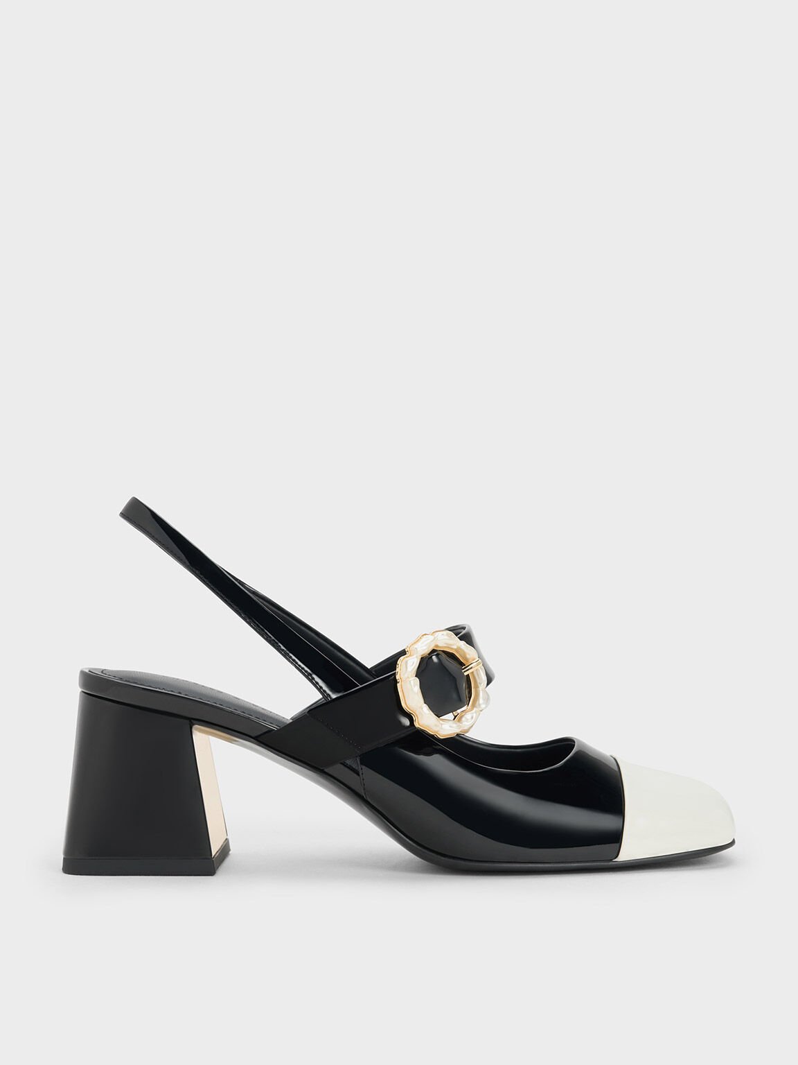 Patent Two-Tone Pearl Buckle Slingback Pumps, Black Patent, hi-res