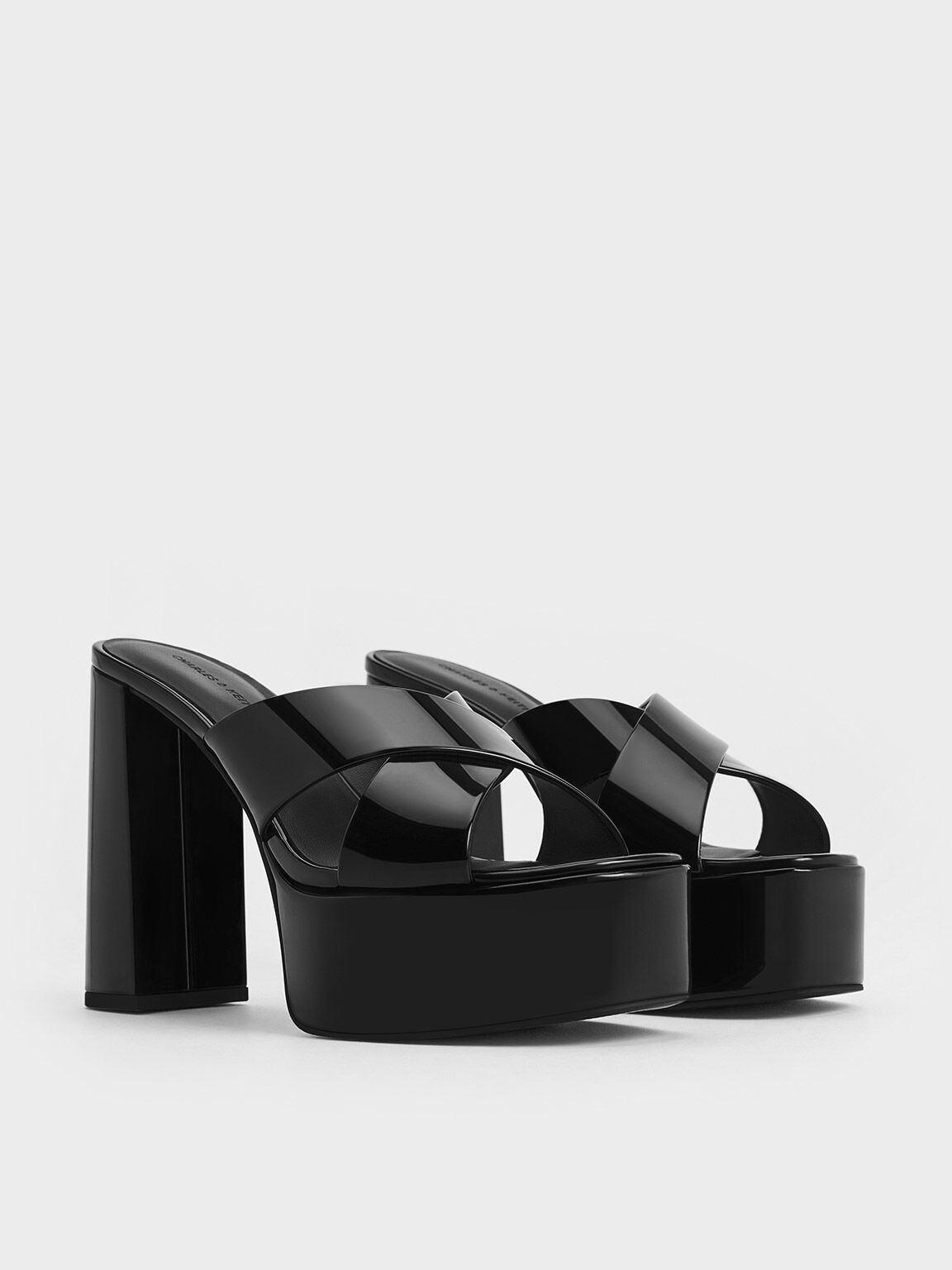 Patent Crossover Strap Platform Mules, Black Patent, hi-res