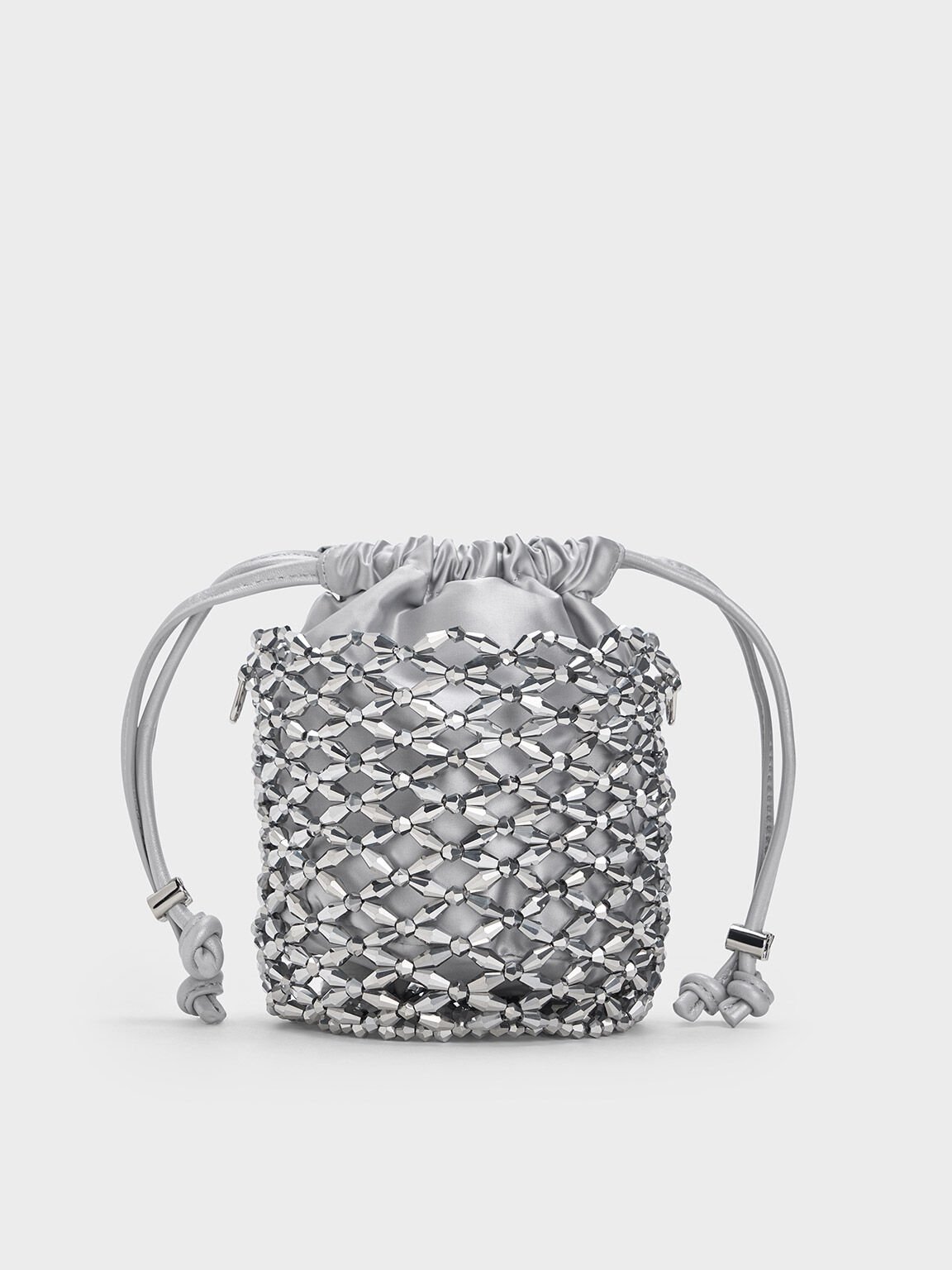 Beaded Chain-Handle Bucket Bag, Silver, hi-res