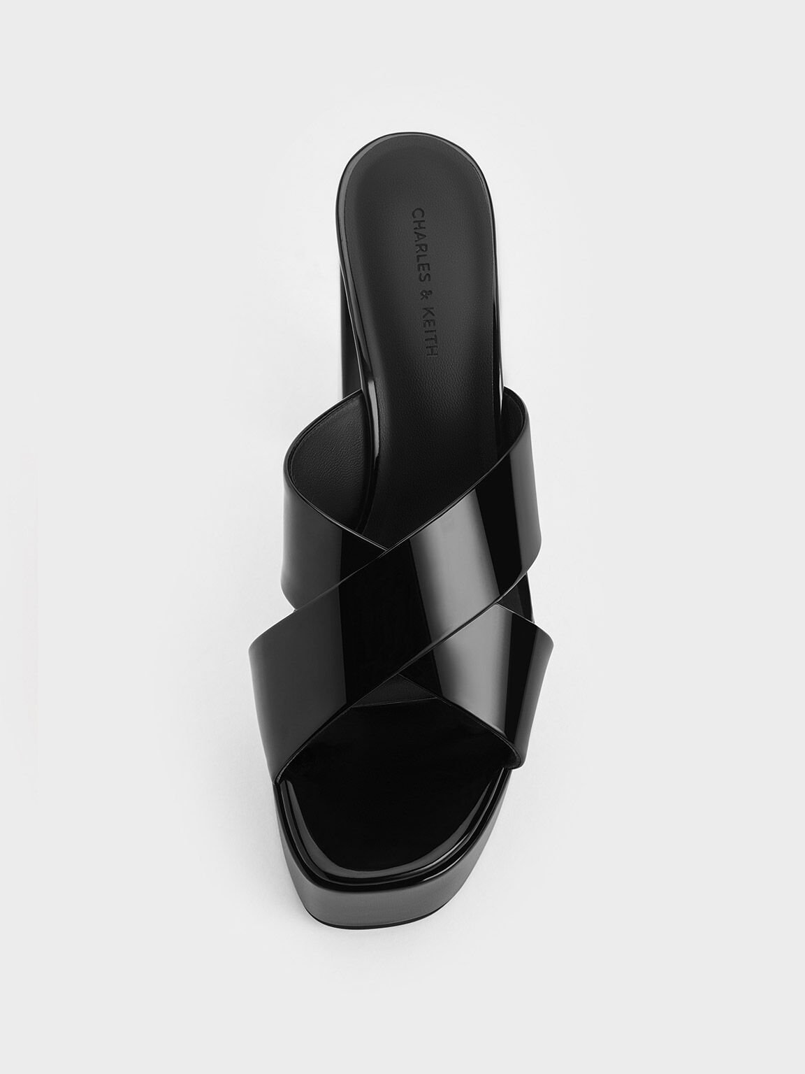 Patent Crossover Strap Platform Mules, Black Patent, hi-res