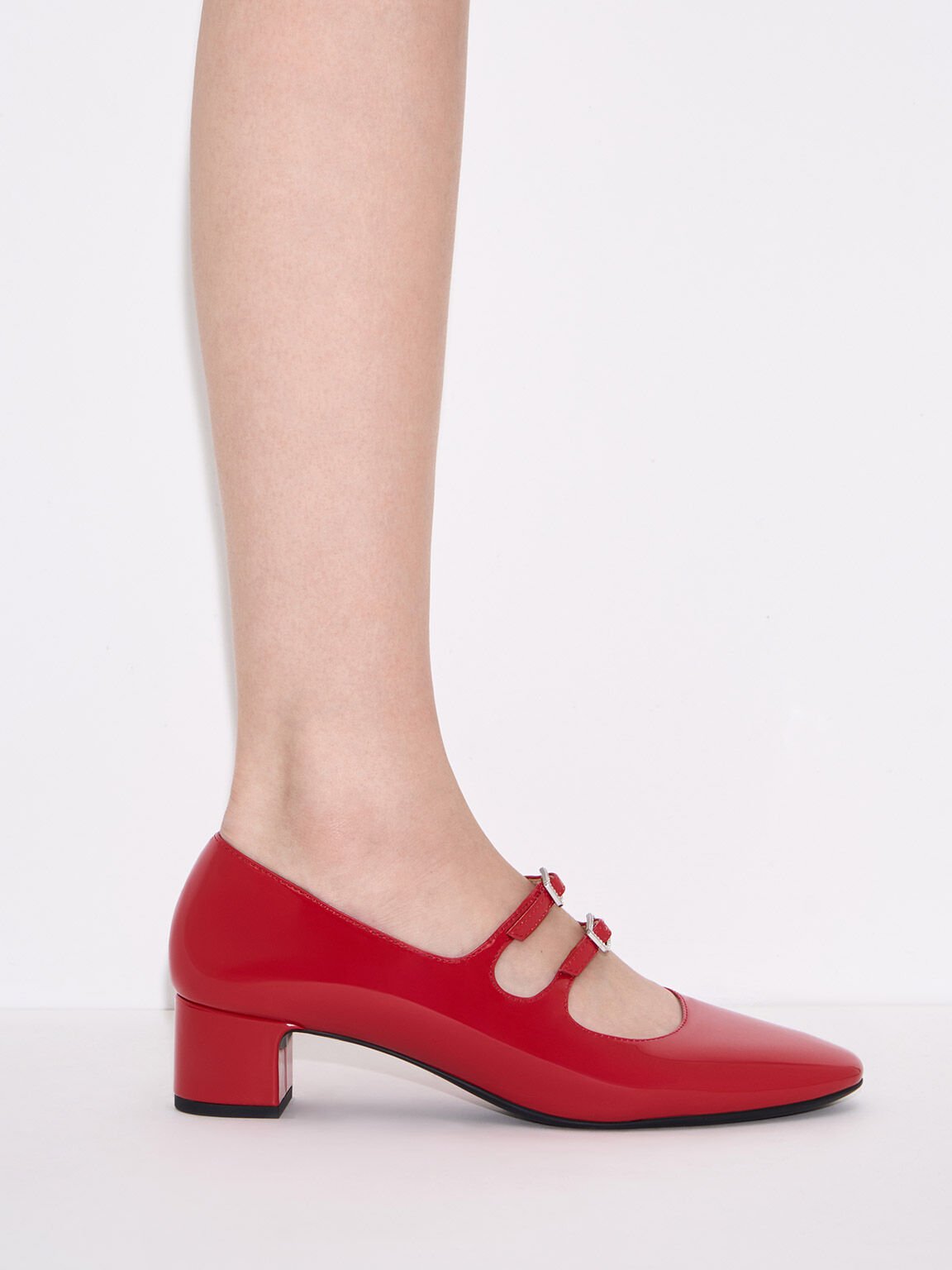 Double Crystal-Buckle Mary Jane Pumps, Red, hi-res