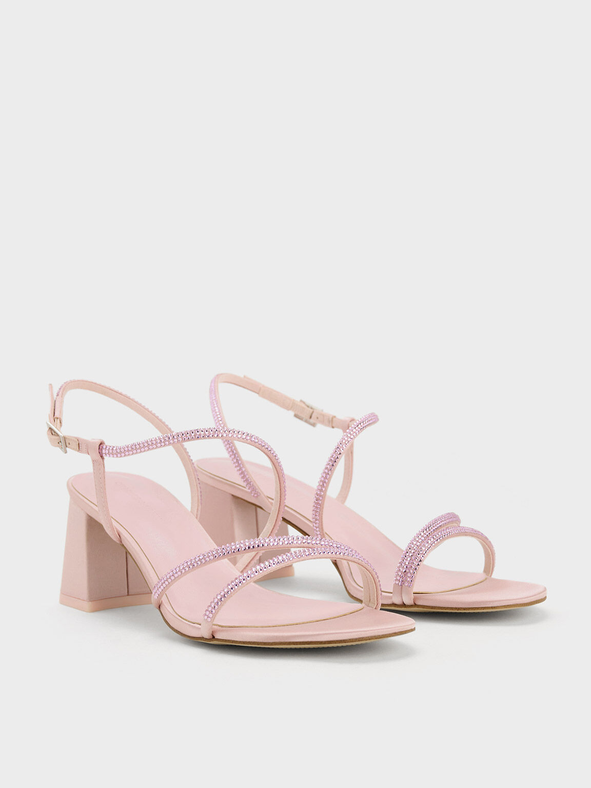 Satin Crystal-Embellished Block-Heel Strappy Sandals, Light Pink, hi-res