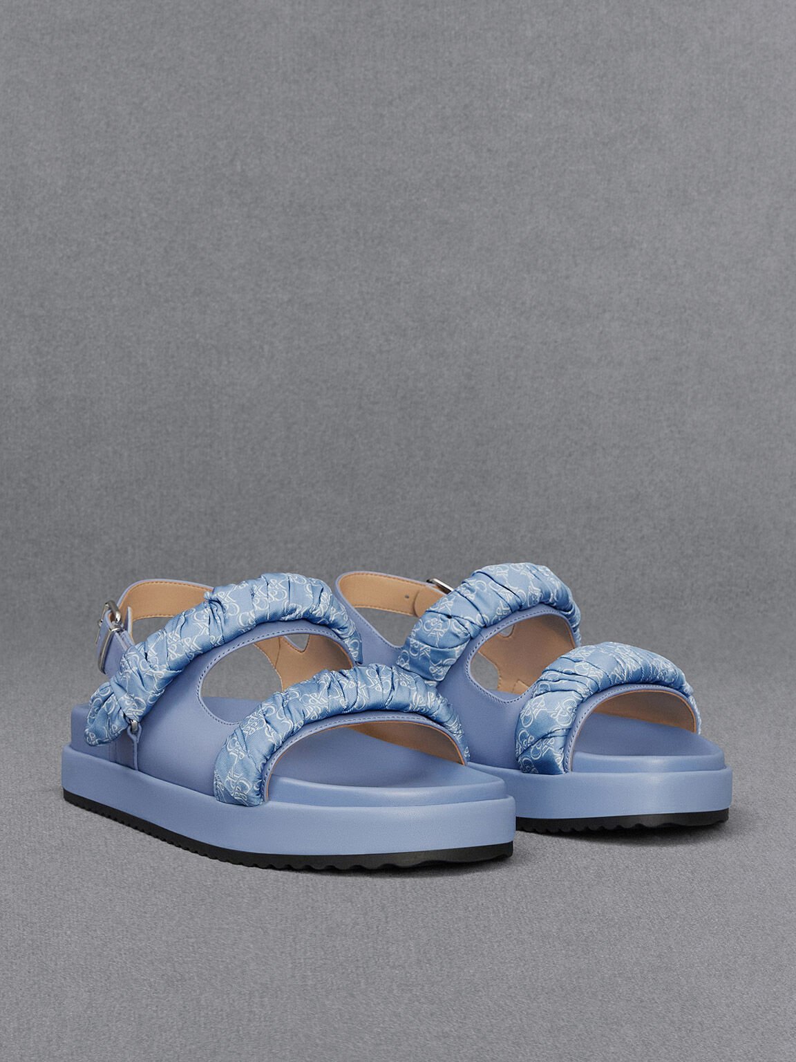 Tully Leather Ruched-Strap Sandals, Light Blue, hi-res