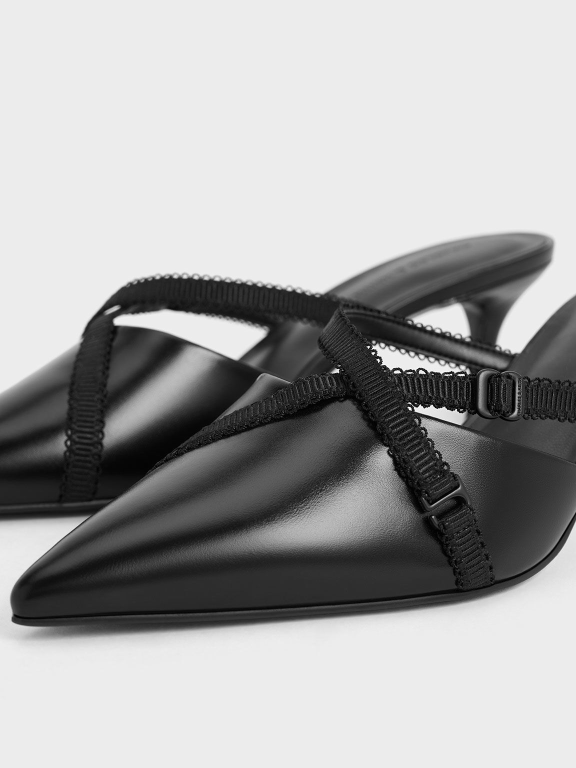 Grosgrain-Strap Pointed-Toe Mules, Black, hi-res