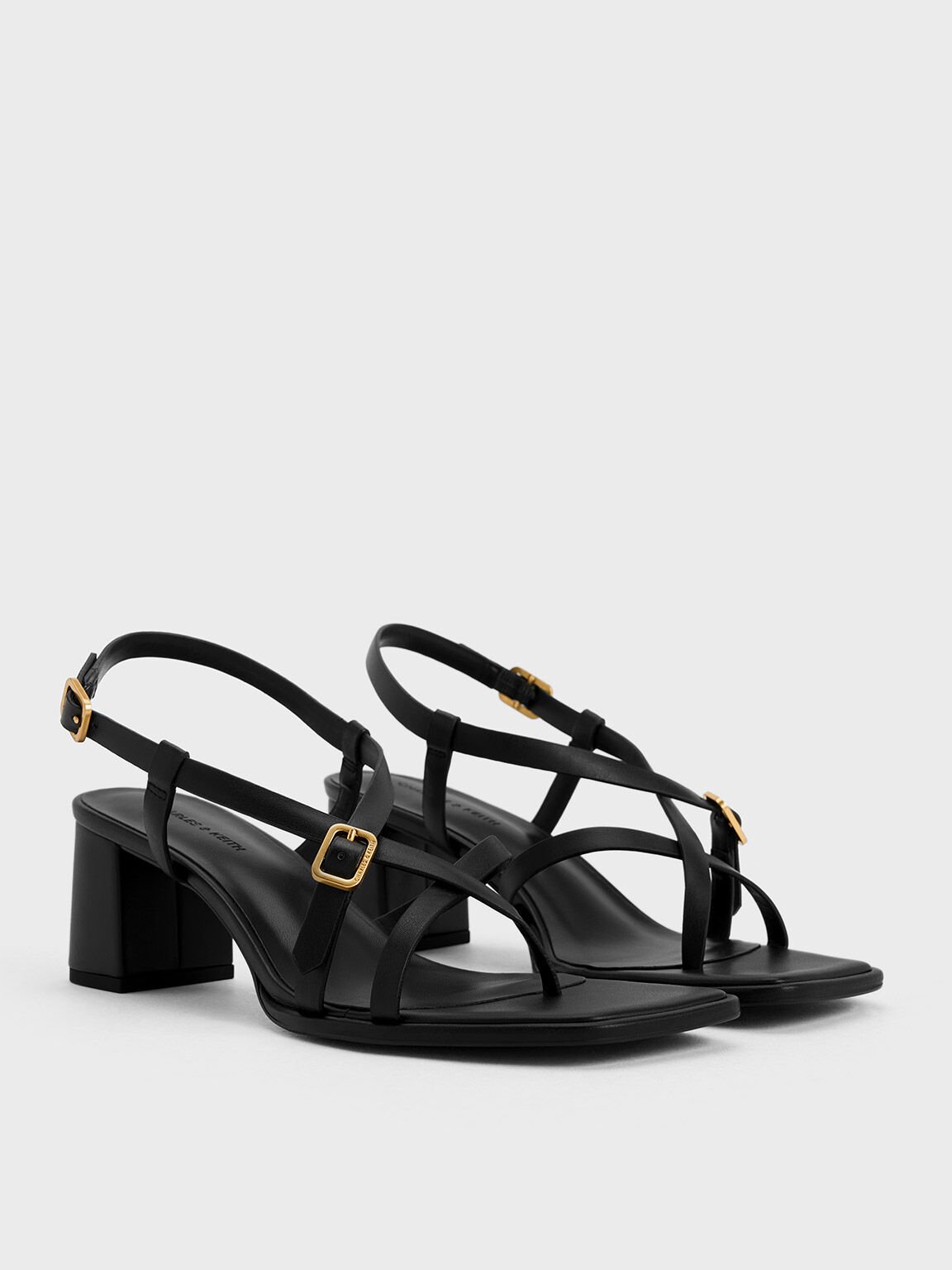 Strappy Block-Heel Thong Sandals, Black, hi-res