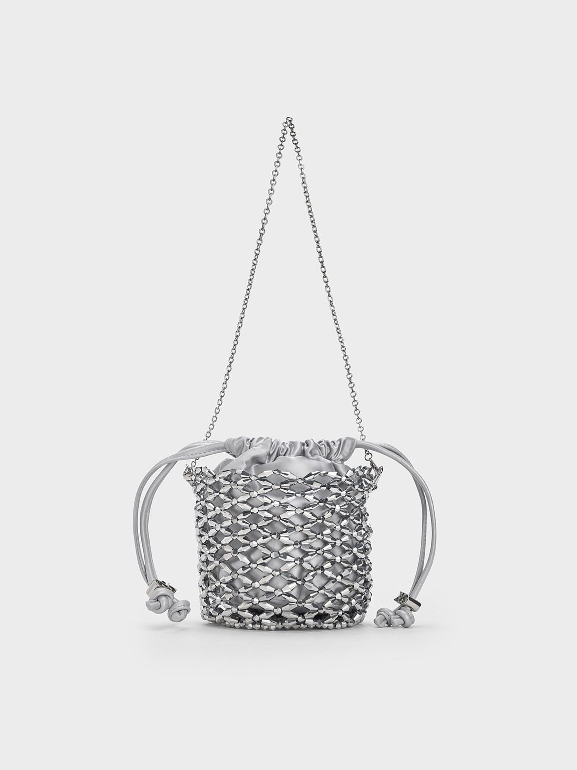 Beaded Chain-Handle Bucket Bag, Silver, hi-res