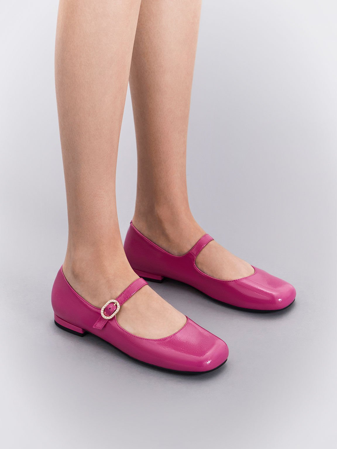 Patent Crinkle-Effect Pearl-Buckle Mary Janes, Fuchsia, hi-res