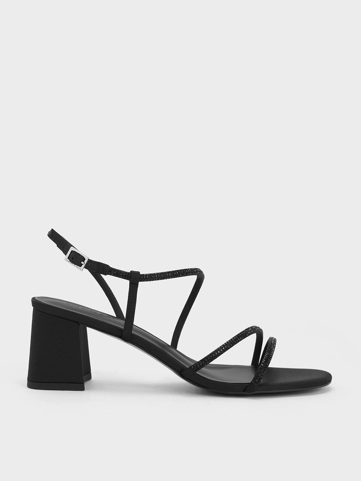 Satin Crystal-Embellished Block-Heel Strappy Sandals, Black Textured, hi-res