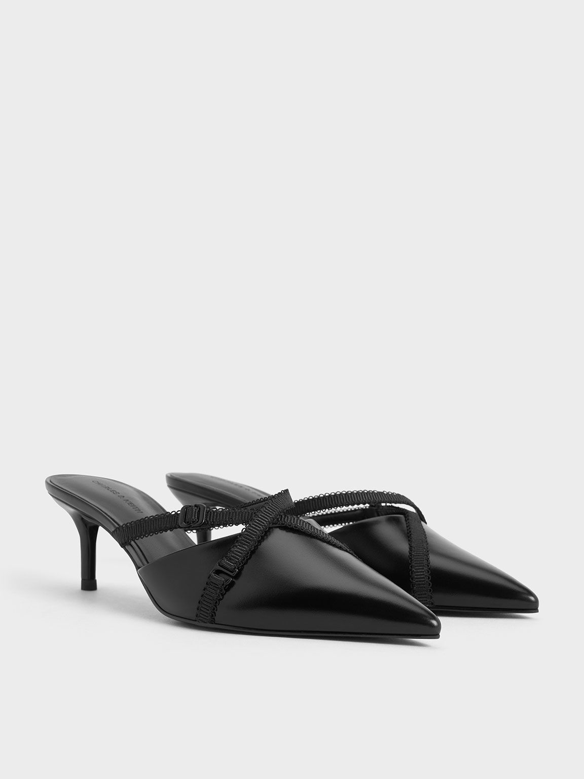 Grosgrain-Strap Pointed-Toe Mules, Black, hi-res