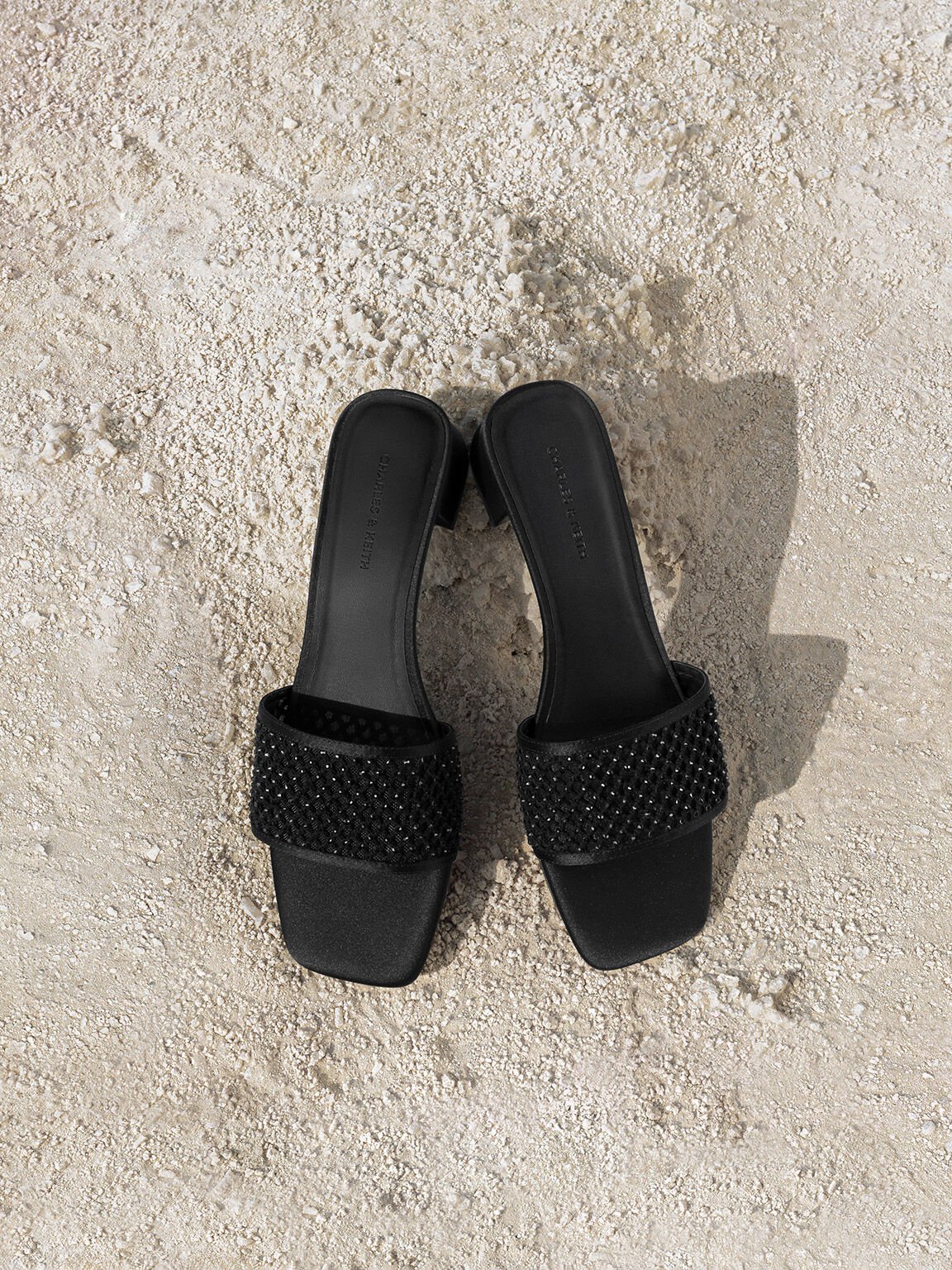 Mesh Crystal-Embellished Heeled Mules, Black Textured, hi-res