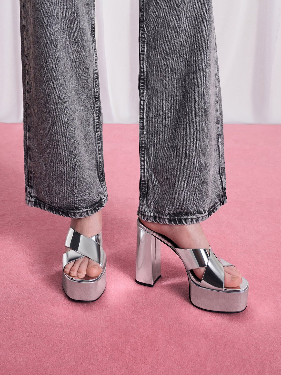 Metallic Crossover Strap Platform Mules, Silver, hi-res