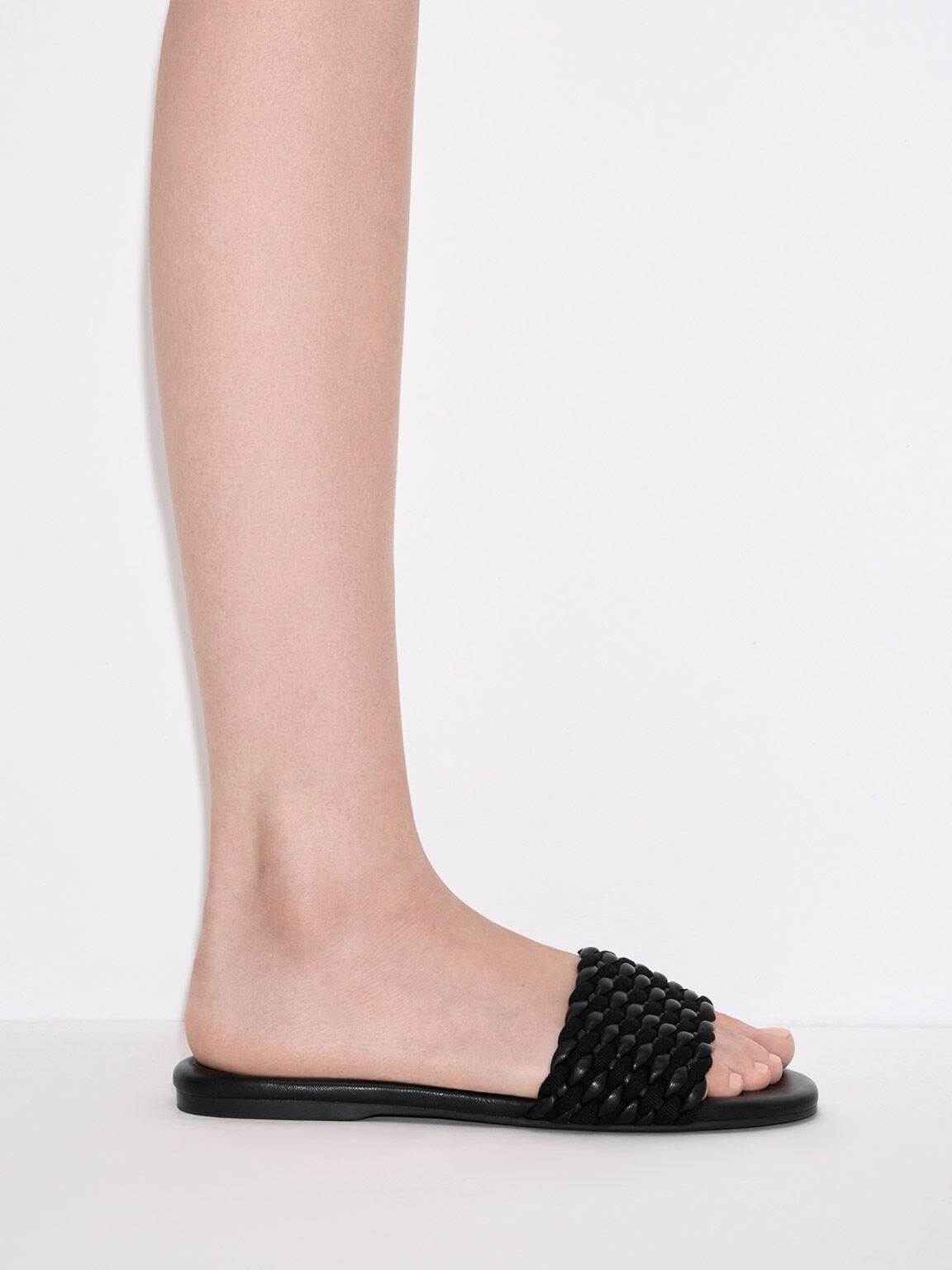 Woven Open-Toe Slides, Black, hi-res