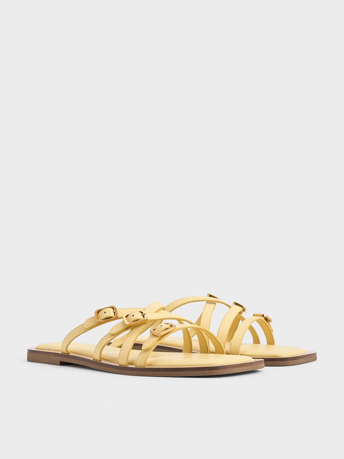 Strappy Buckled Slide Sandals, Yellow, hi-res