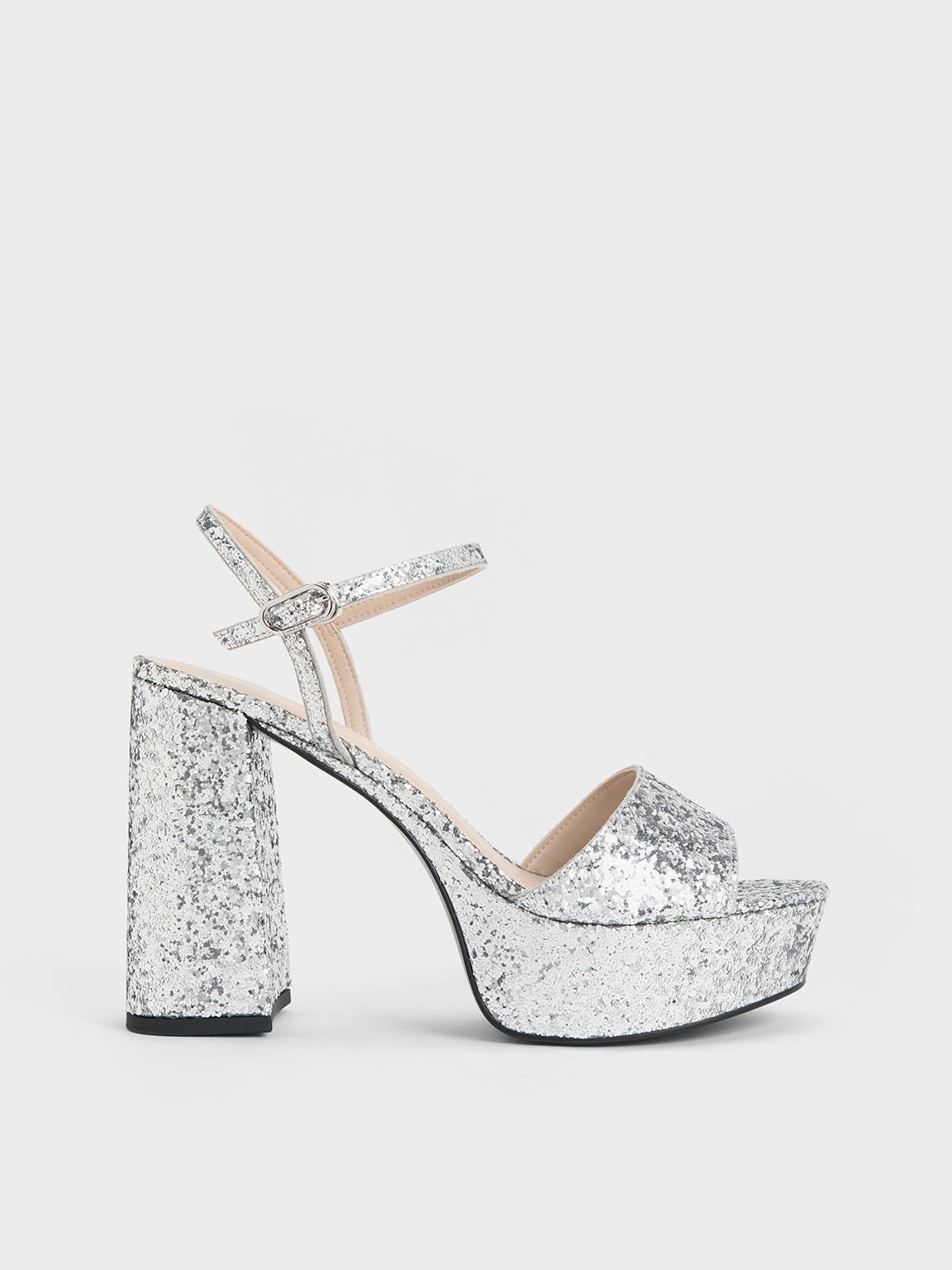 Silver Glittered Ankle-Strap Platform Sandals - CHARLES & KEITH IN