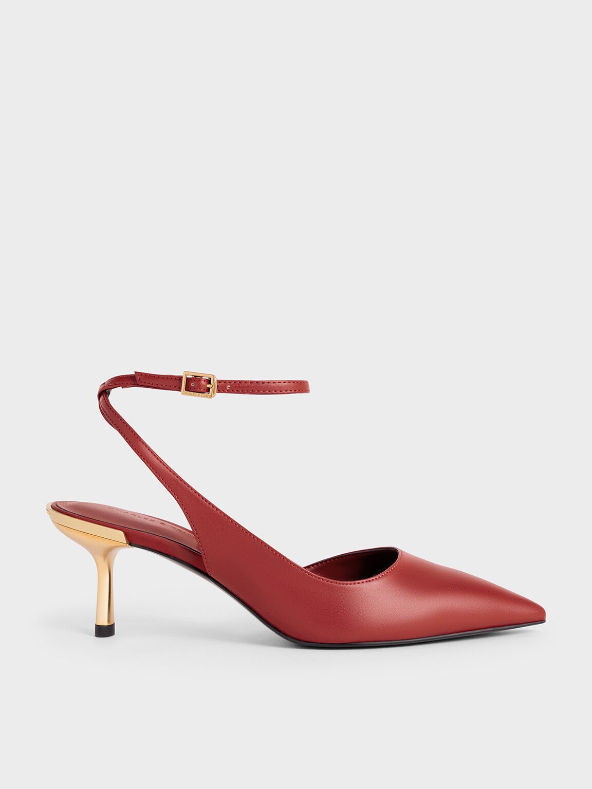 Metallic-Heel Ankle-Strap D'Orsay Pumps, Brick, hi-res