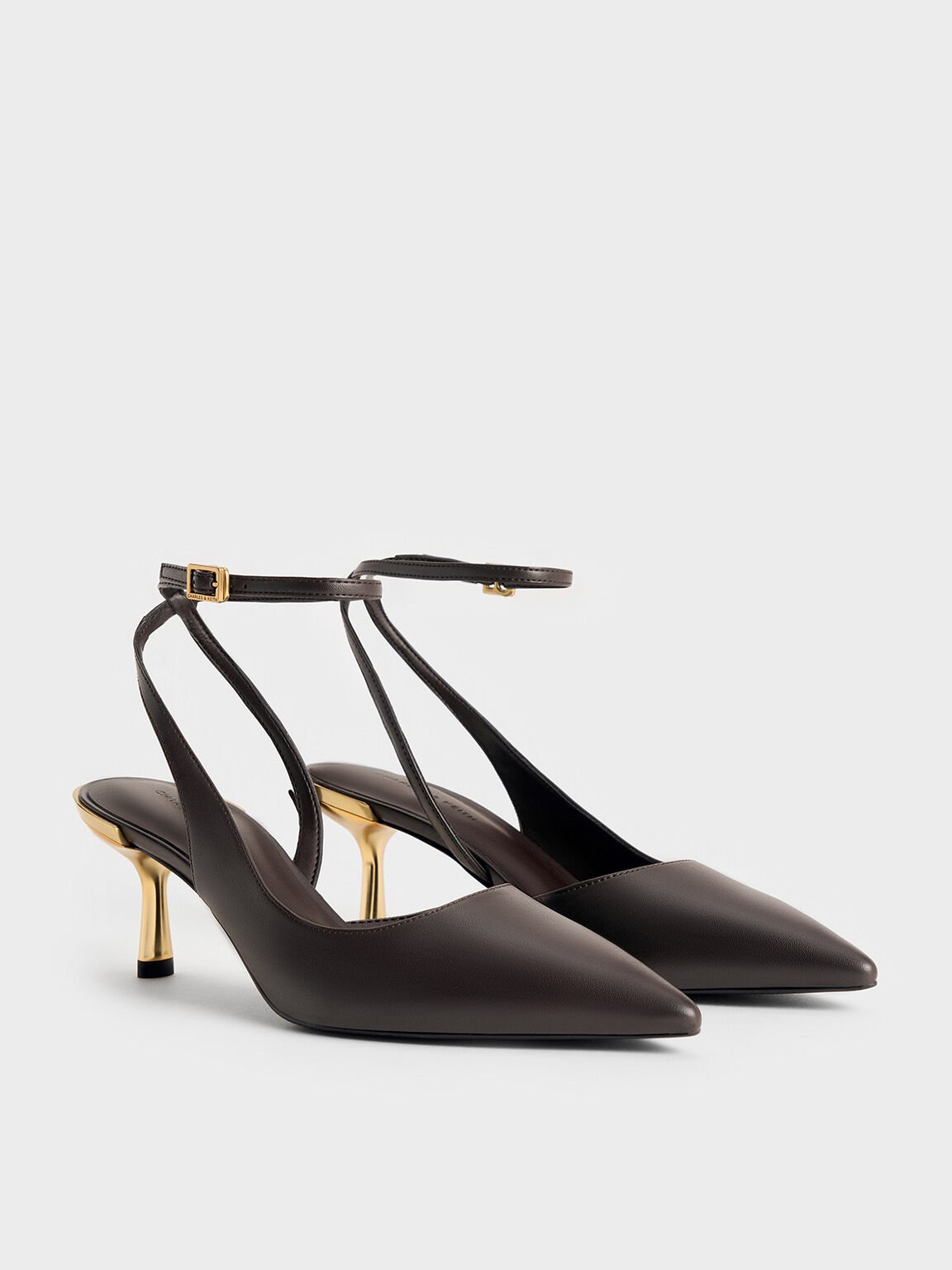 Metallic-Heel Ankle-Strap D'Orsay Pumps, Dark Brown, hi-res