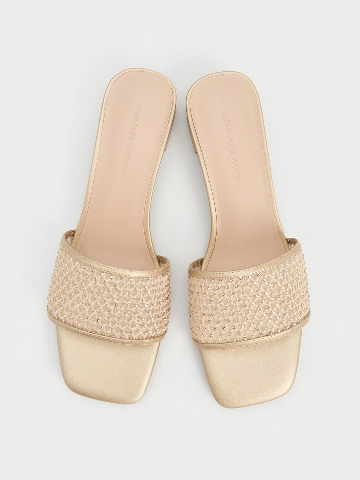 Mesh Crystal-Embellished Heeled Mules, Gold, hi-res