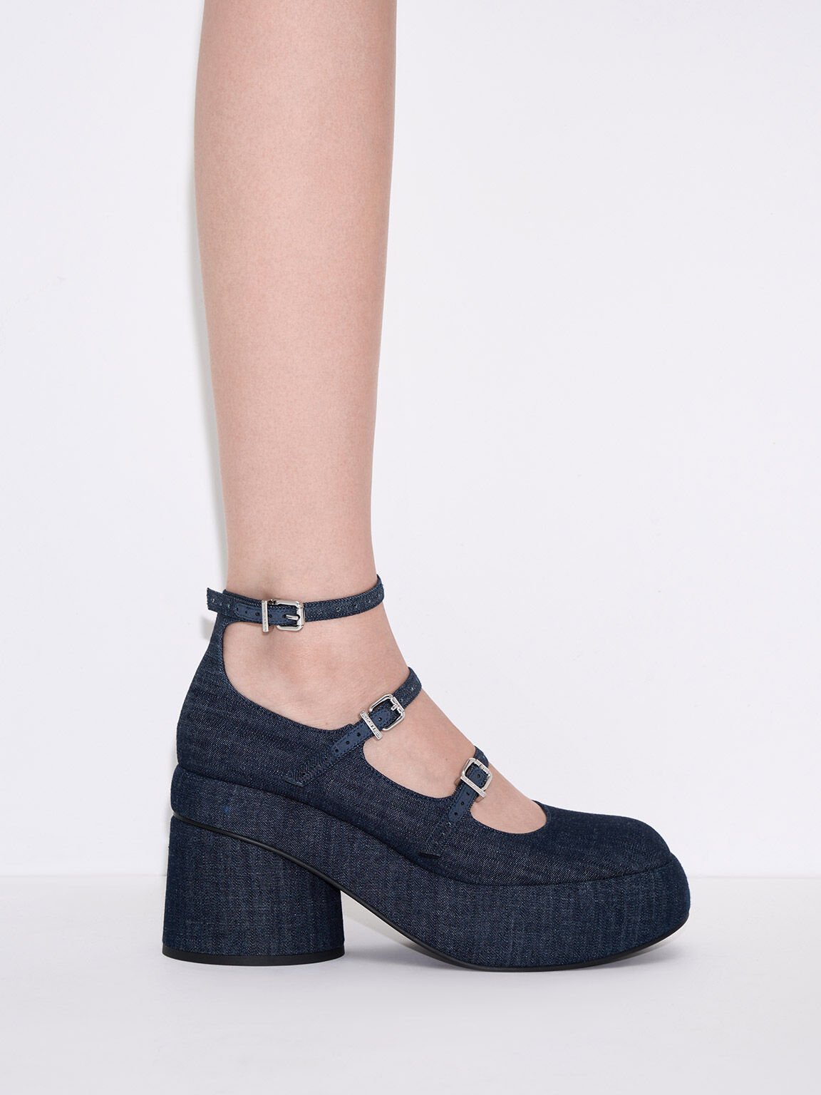 Luella Denim Triple-Strap Mary Jane Platform Pumps, Dark Blue, hi-res