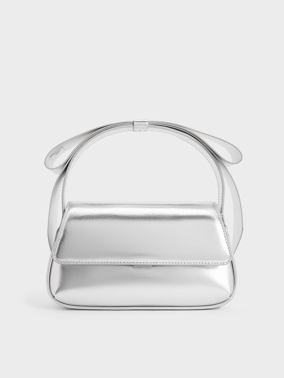 Leather Metallic Bow Top-Handle Bag, Silver, hi-res