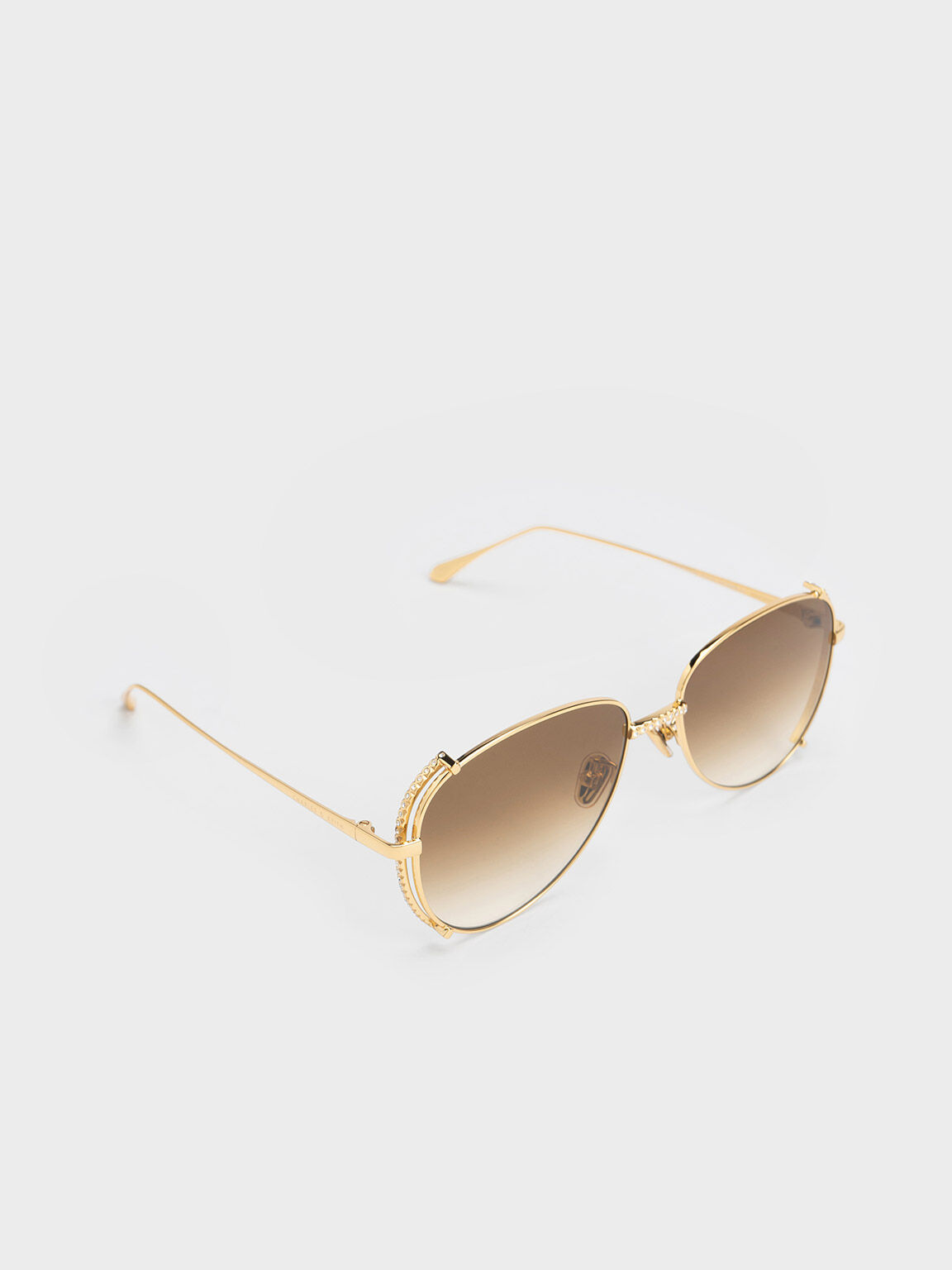 Gem-Embellished Wireframe Aviator Sunglasses, Gold, hi-res