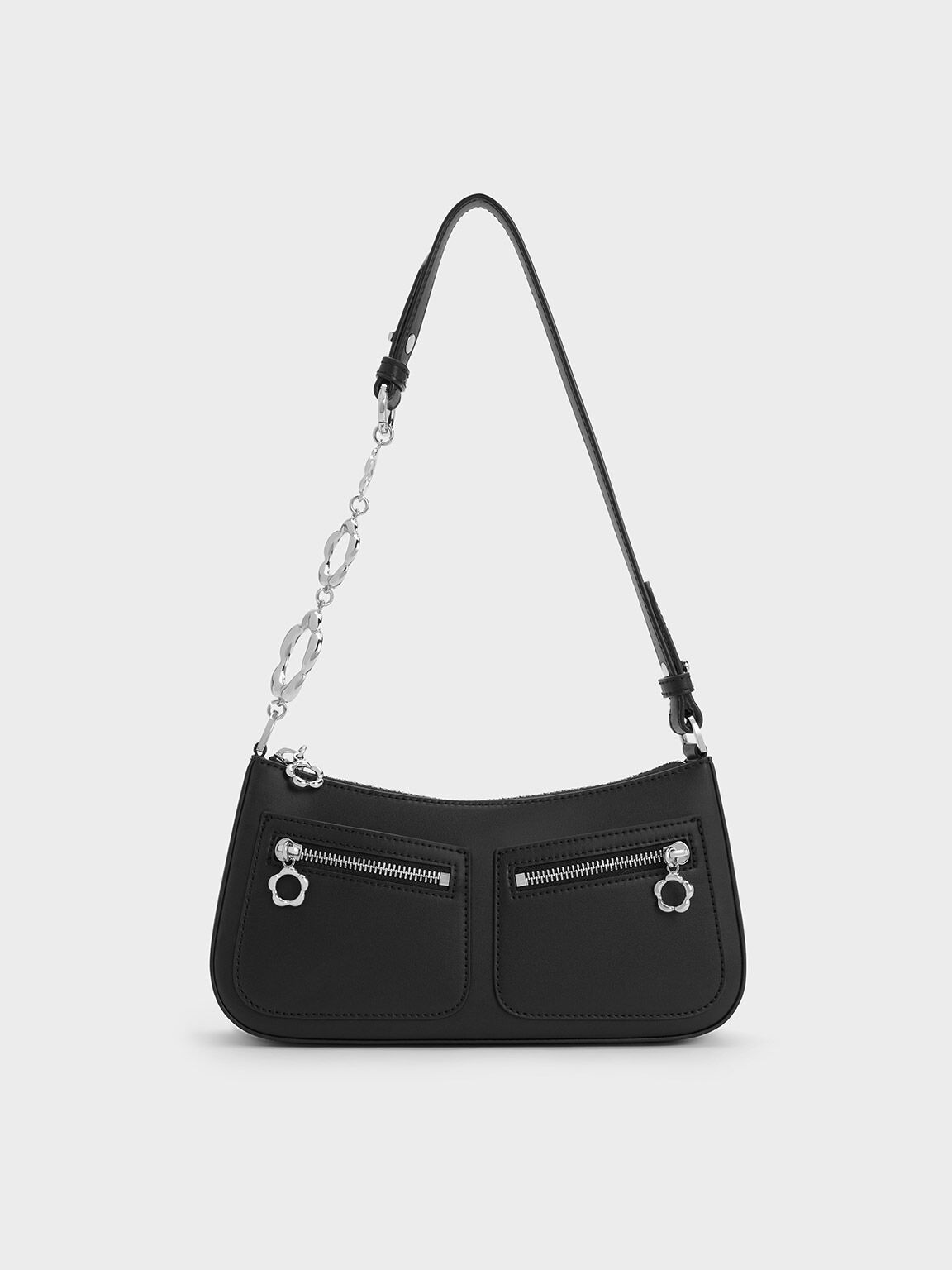Black Flower-Embellished Shoulder Bag - CHARLES & KEITH IN