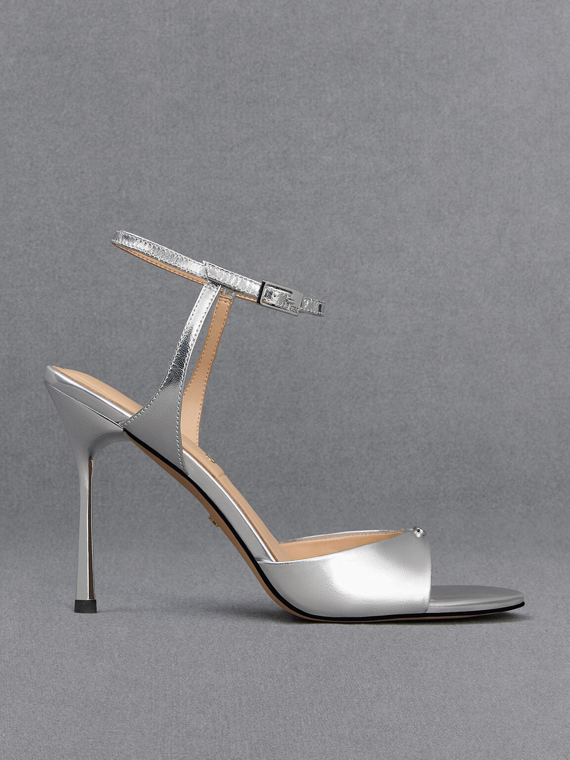 Pewter Metallic Crossover-Strap Heeled Sandals - CHARLES & KEITH IN