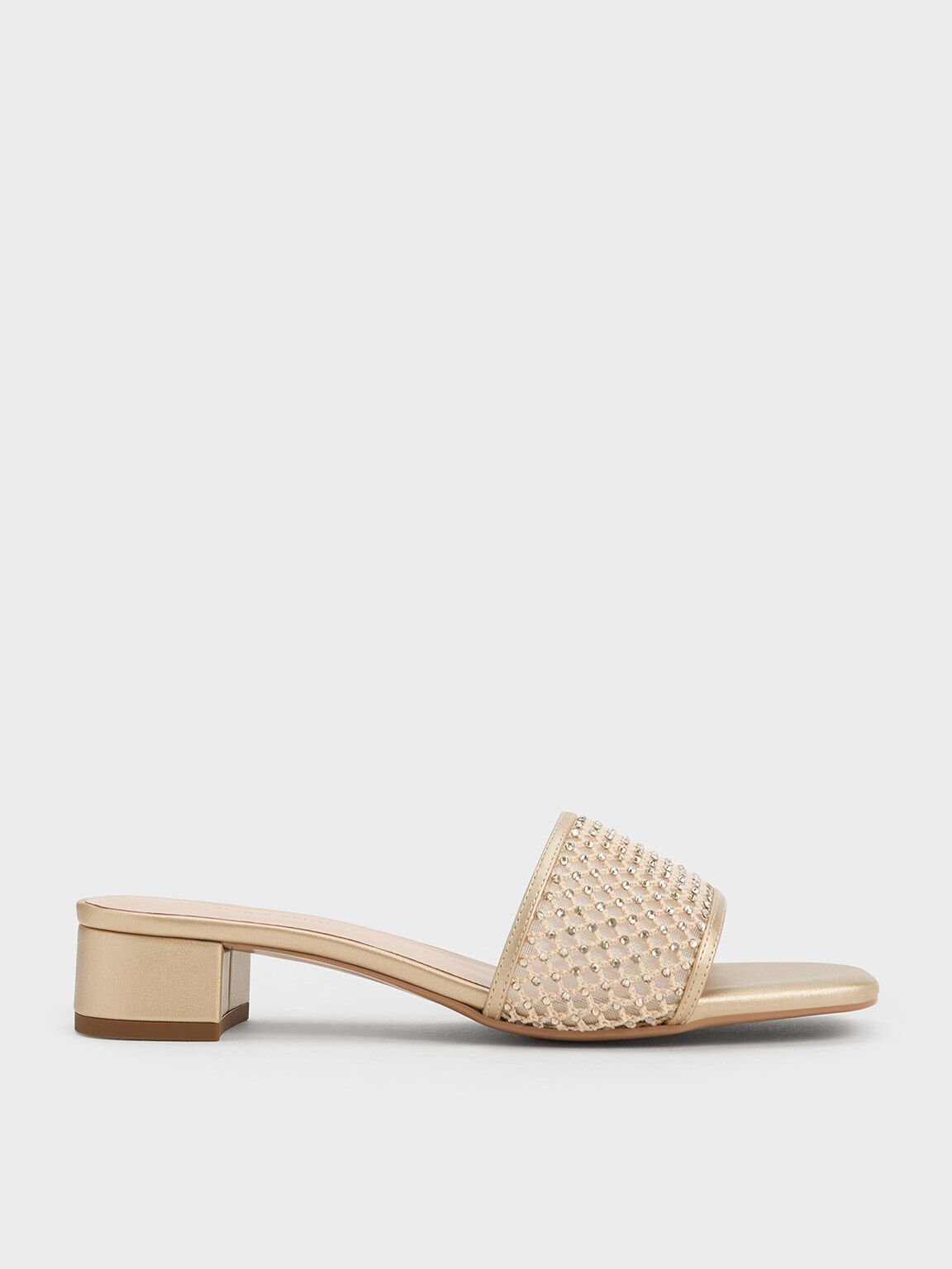 Mesh Crystal-Embellished Heeled Mules, Gold, hi-res