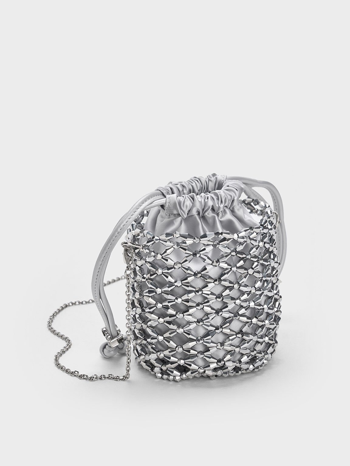 Beaded Chain-Handle Bucket Bag, Silver, hi-res