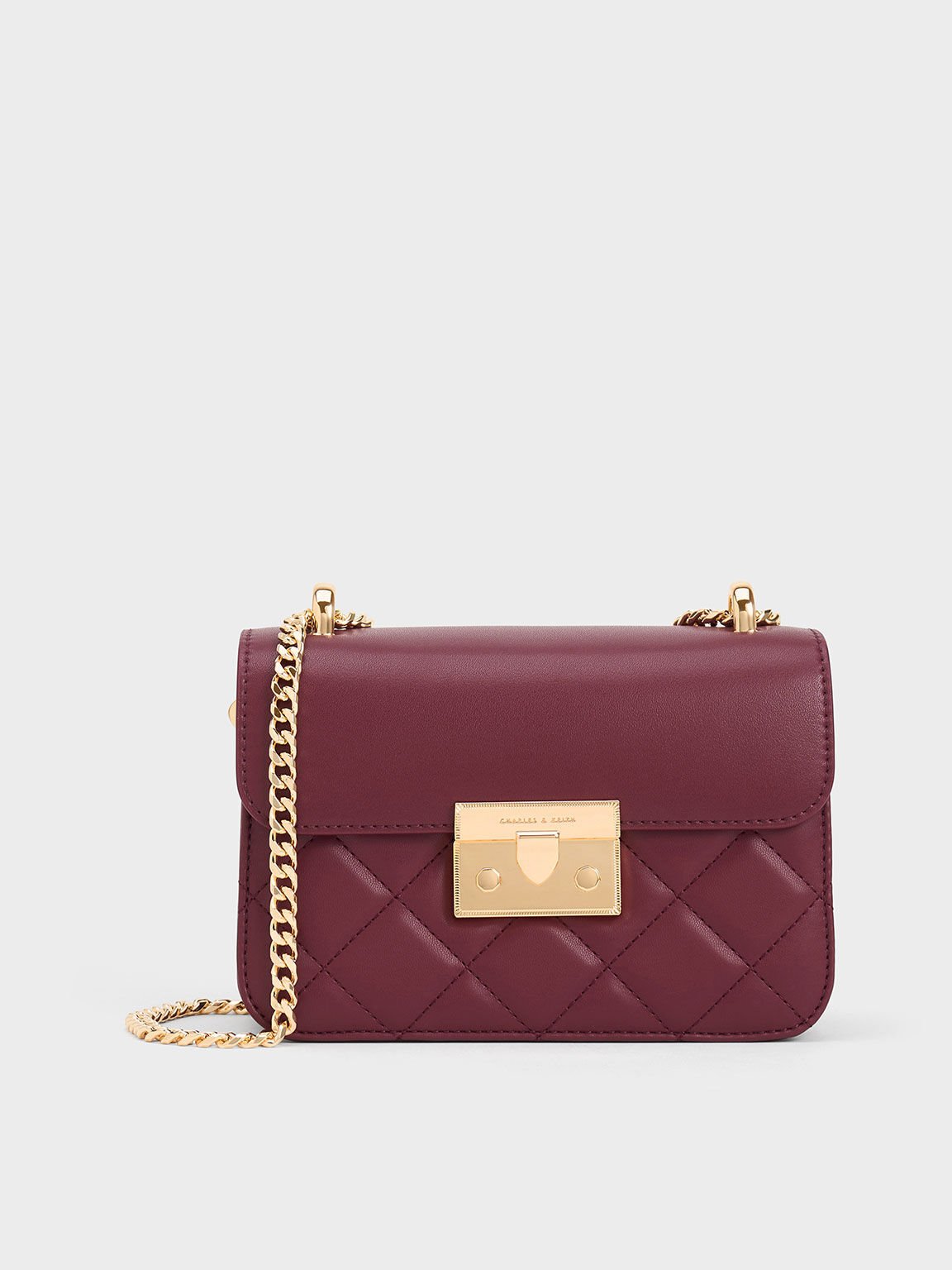 Quilted Push-Lock Chain-Handle Bag, Burgundy, hi-res