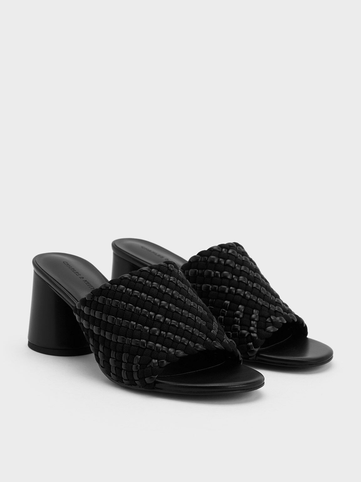 Canvas Interwoven Block Heel Mules, Black, hi-res