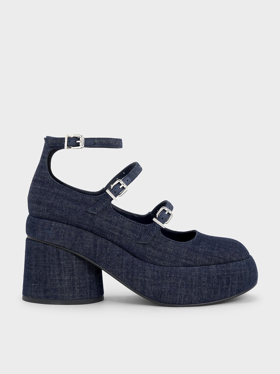 Luella Denim Triple-Strap Mary Jane Platform Pumps, Dark Blue, hi-res