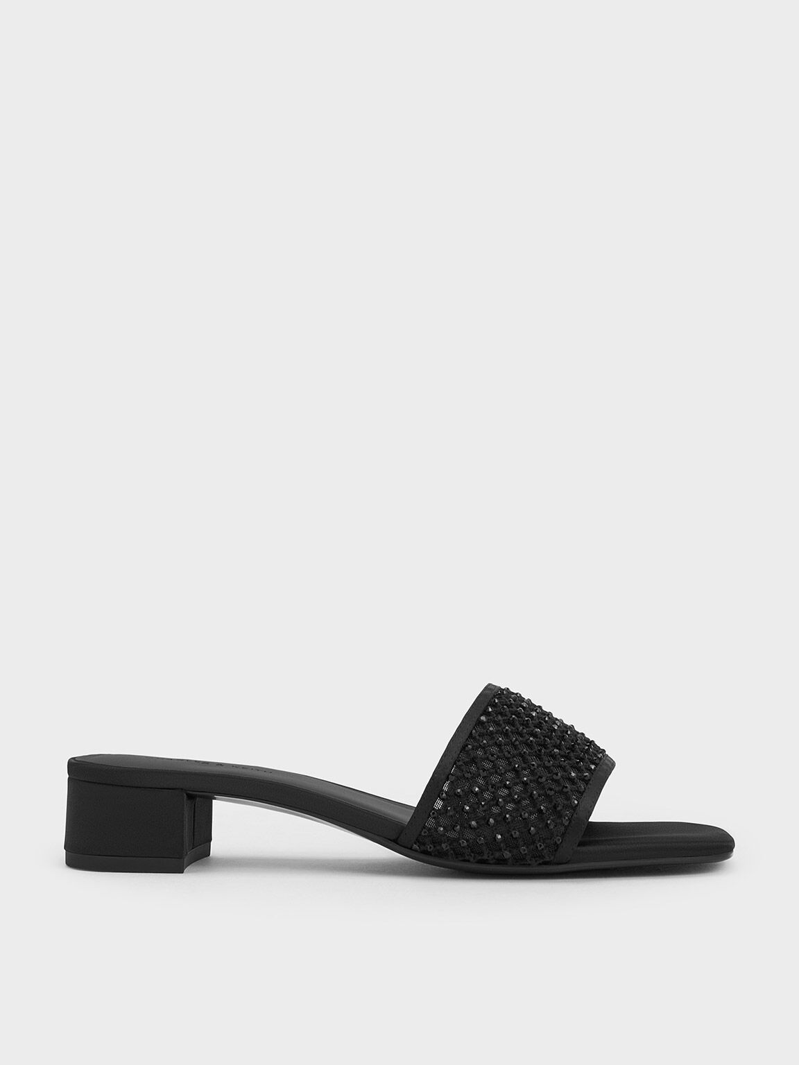 Mesh Crystal-Embellished Heeled Mules, Black Textured, hi-res