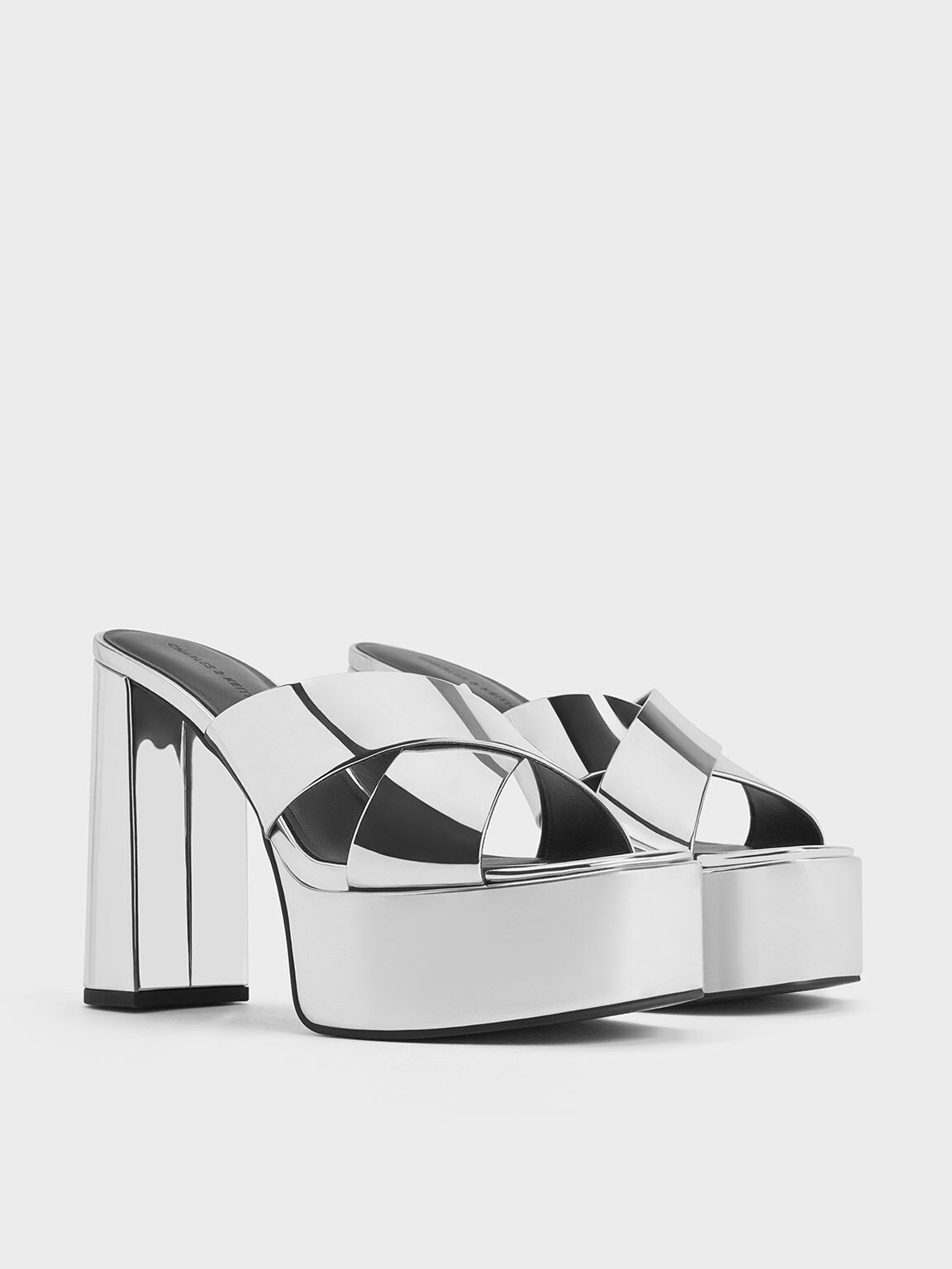 Metallic Crossover Strap Platform Mules, Silver, hi-res