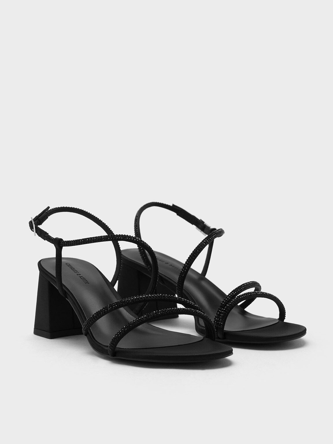 Satin Crystal-Embellished Block-Heel Strappy Sandals, Black Textured, hi-res