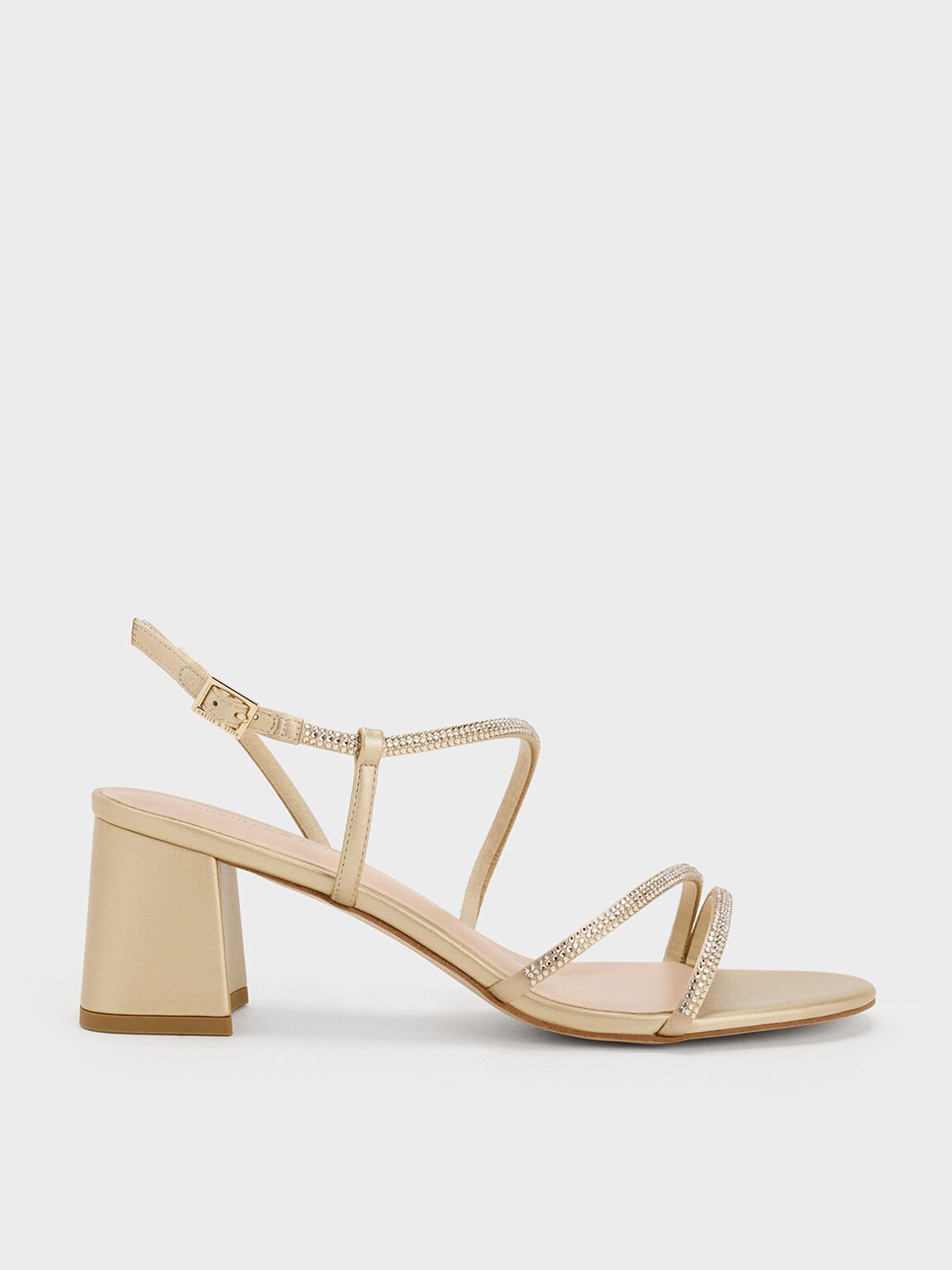 Satin Crystal-Embellished Block-Heel Strappy Sandals, Gold, hi-res