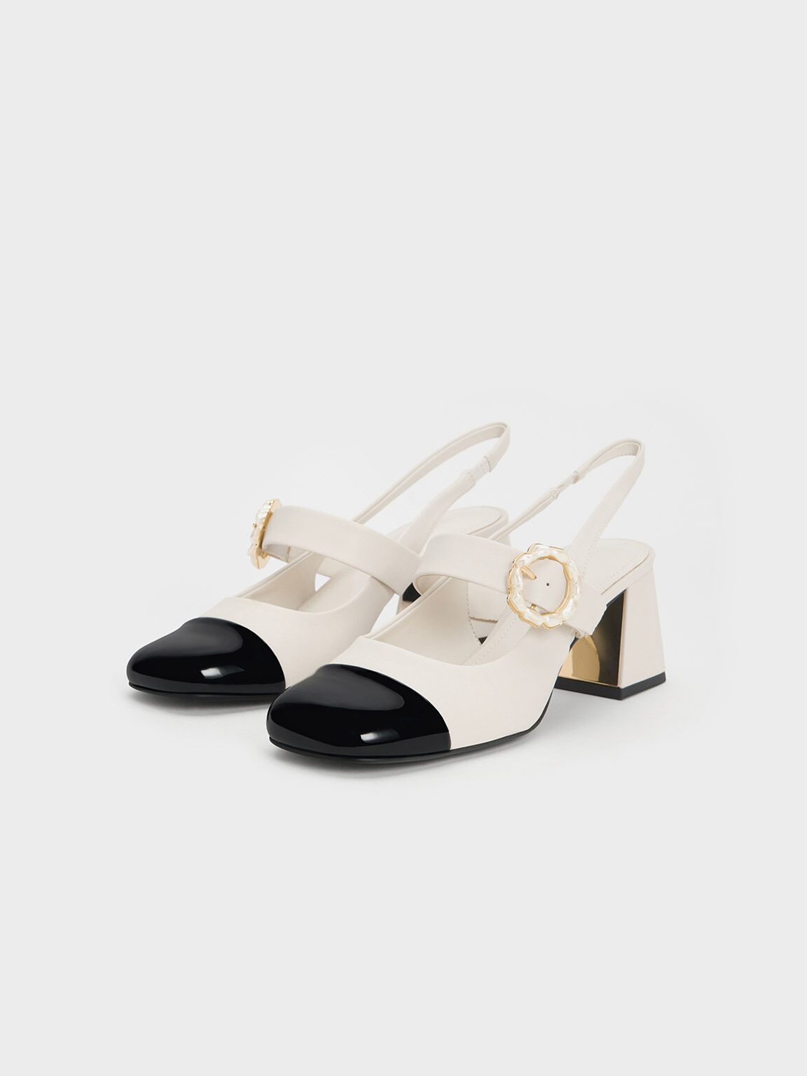 Patent Two-Tone Pearl Buckle Slingback Pumps, Multi, hi-res