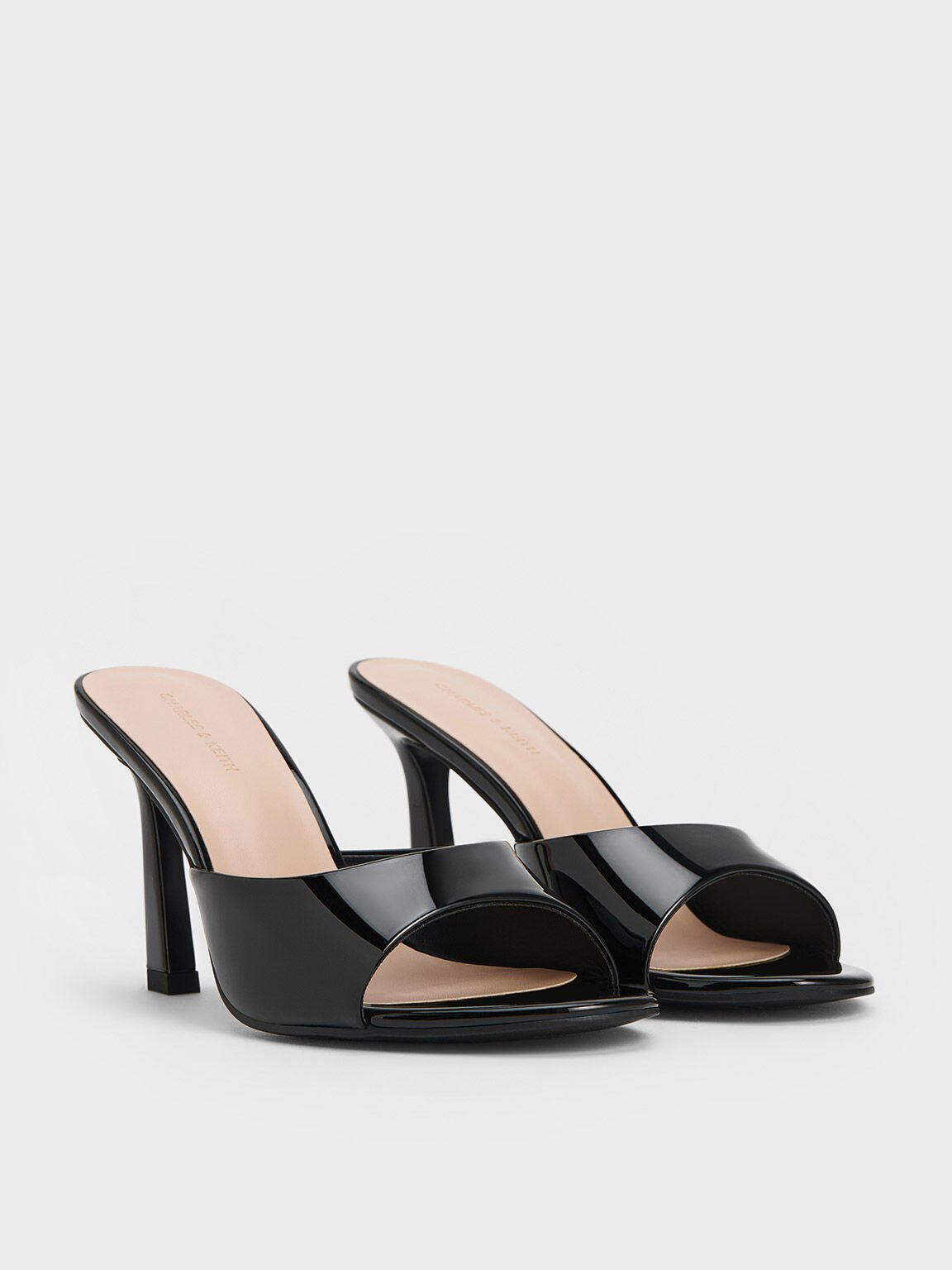 Patent Open-Toe Heeled Mules, Black Patent, hi-res