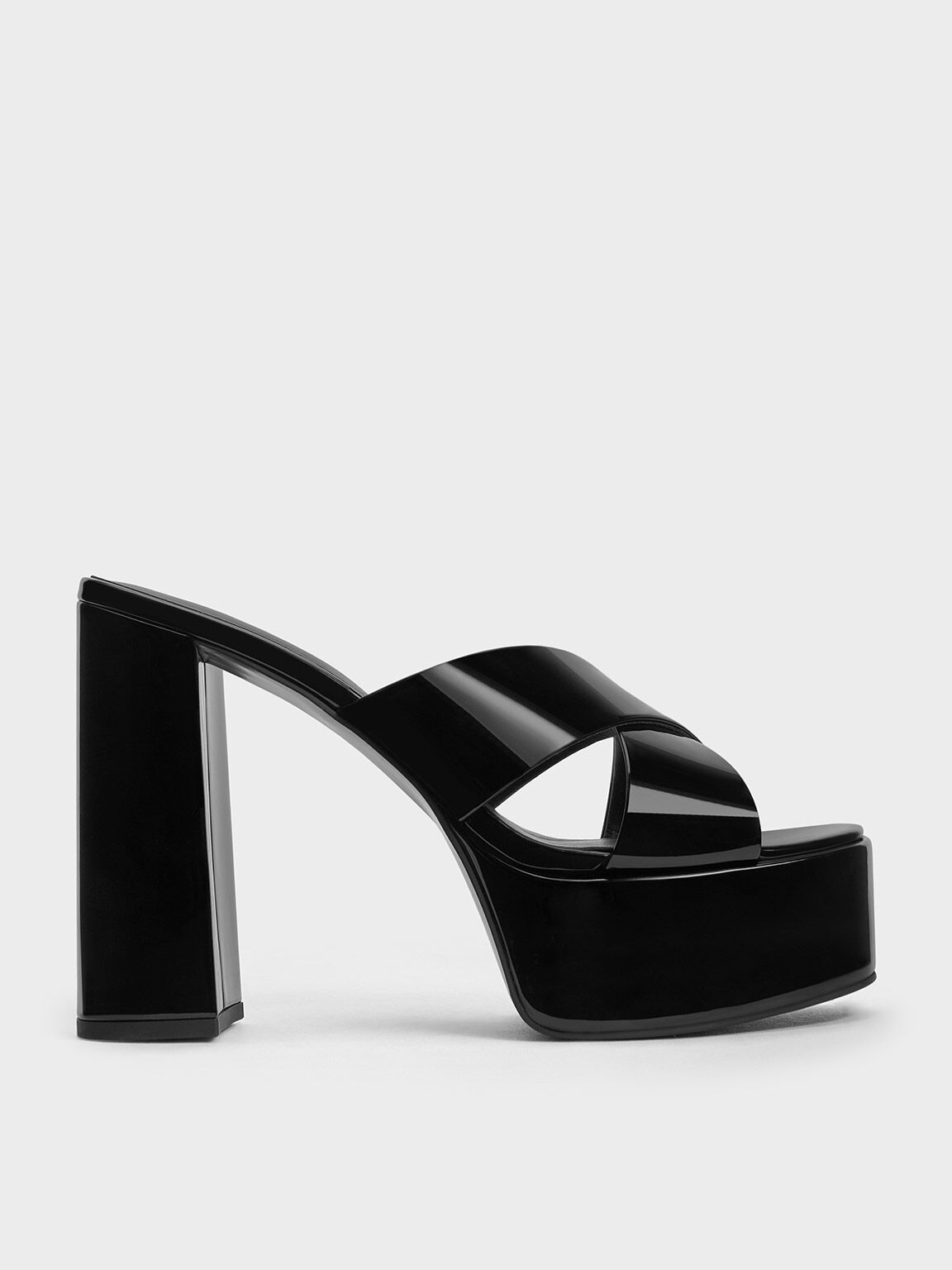 Patent Crossover Strap Platform Mules, Black Patent, hi-res