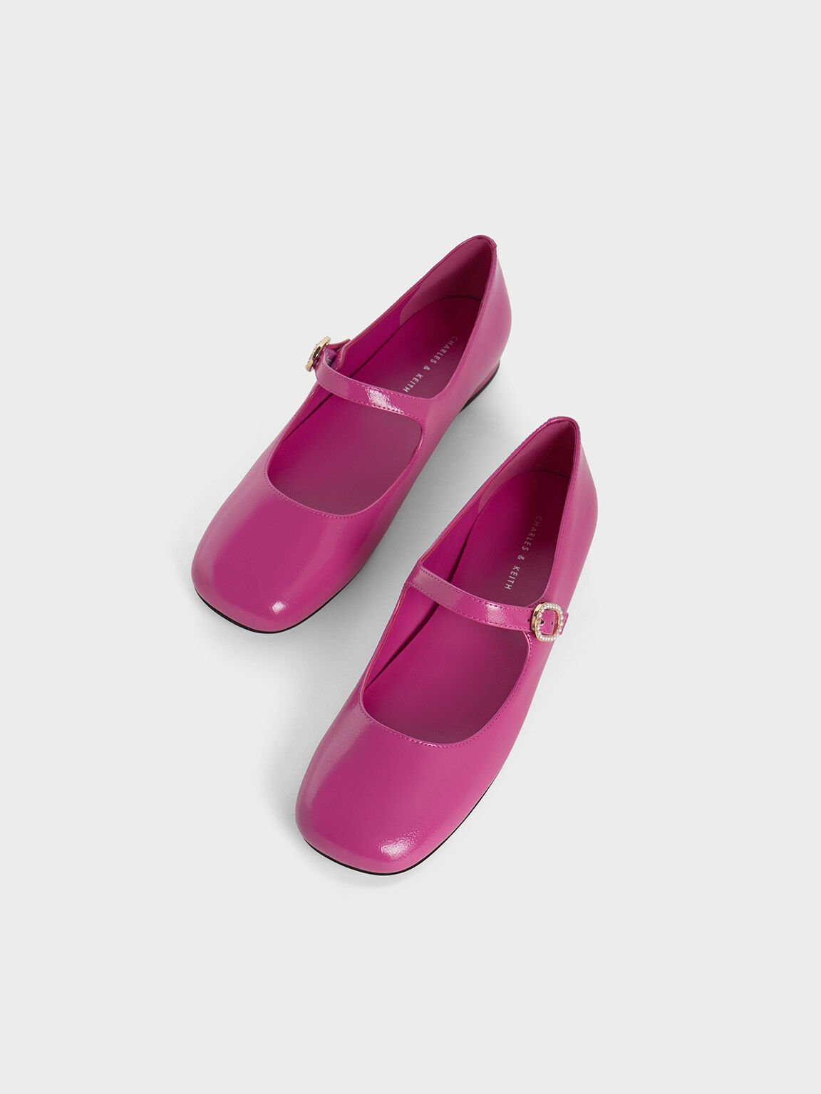 Patent Crinkle-Effect Pearl-Buckle Mary Janes, Fuchsia, hi-res