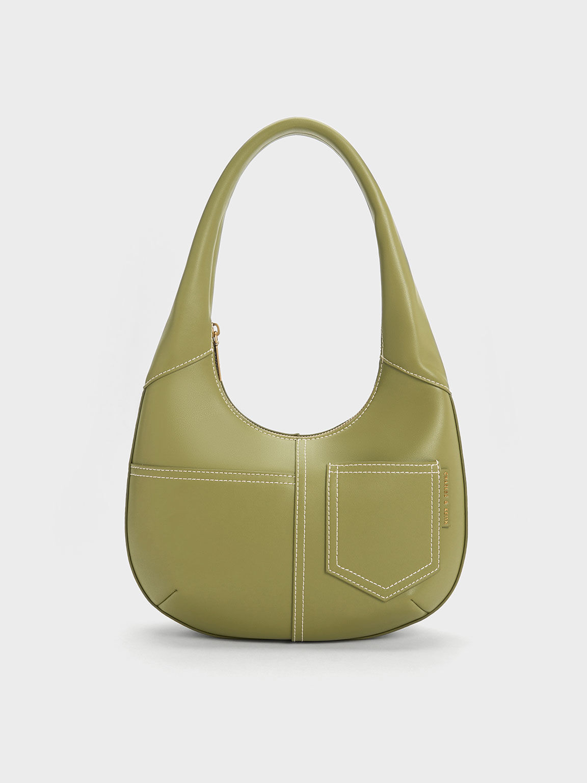 Anthea Contrast-Trim Curved Hobo Bag, Olive, hi-res