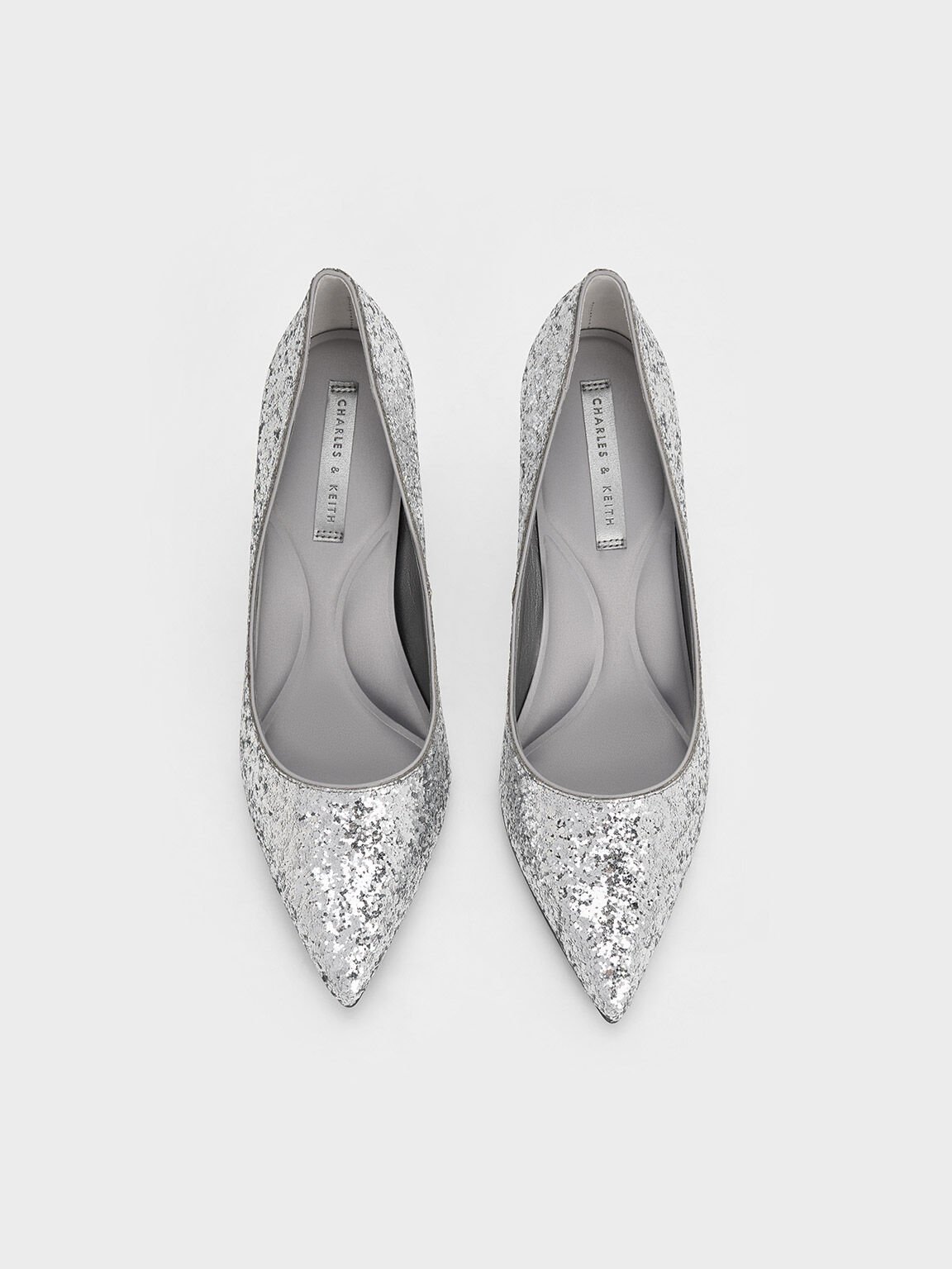 Emmy Glittered Pointed-Toe Pumps, Silver, hi-res