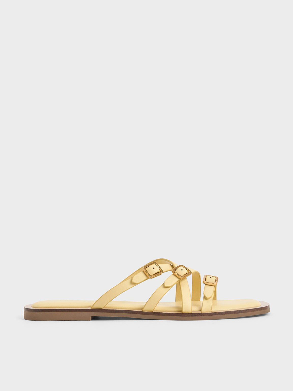 Strappy Buckled Slide Sandals, Yellow, hi-res